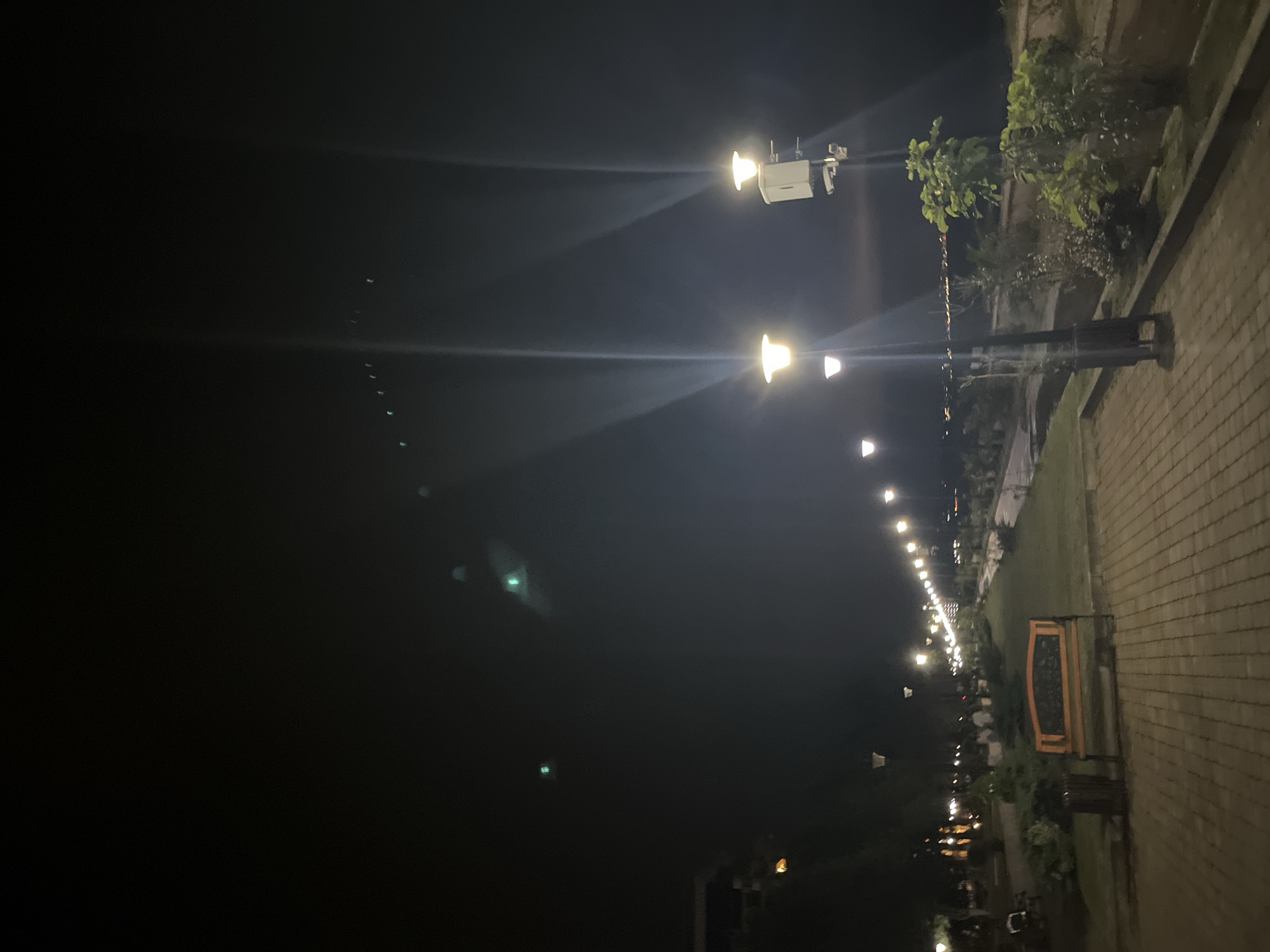 The image depicts a nighttime scene along the waterfront promenade in Kobuleti, Georgia. The promenade is illuminated by a series of streetlights, casting bright beams into the dark sky. A paved walkway runs along the foreground, bordered by a grassy area with benches and vegetation. In the middle ground, several people can be seen strolling or sitting on benches, their forms indistinct in the low light. The background reveals the dark expanse of the sea, with distant lights suggesting the presence of other structures or a coastline. One prominent streetlight in the right mid-ground is equipped with a security camera. The overall atmosphere is serene and tranquil, indicative of a public space at night.