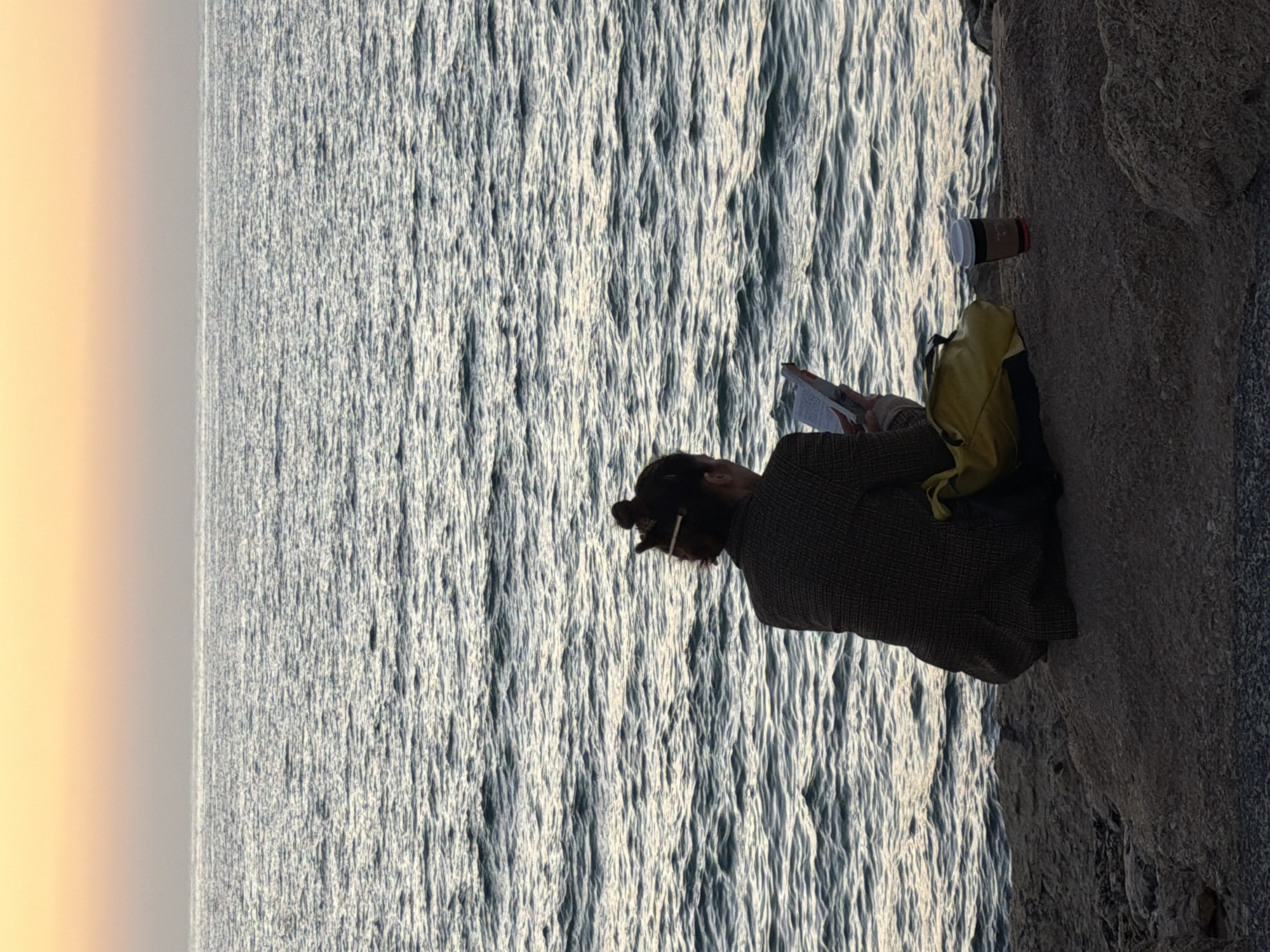 A woman with dark hair pulled into a bun sits on a rocky outcrop overlooking the Mediterranean Sea. She is reading a book, and a yellow backpack and coffee cup are next to her. The ocean stretches into the distance, and the sky is a hazy yellow. It is likely the coast of Tel Aviv, Israel.