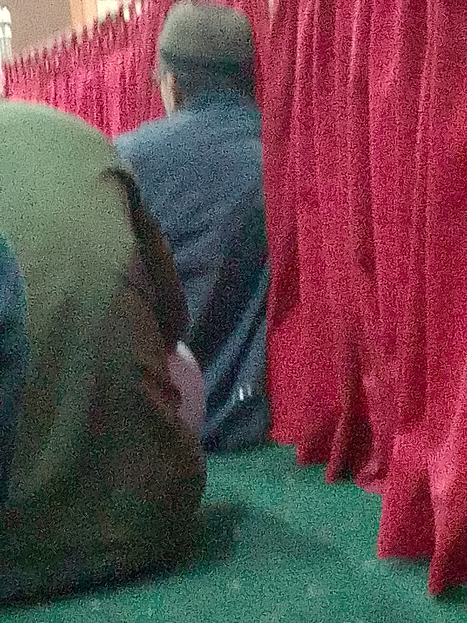 The image shows a person from behind, wearing a dark blue jacket, sitting in front of a red curtain. To the left of the person, there is a large, rounded, green object, partially obscuring the person's left side. The background consists of a red curtain, which appears to be made of velvet, with vertical pleats. The ground is covered in a green carpet-like material. The scene is indoors, likely in a formal setting, possibly a hall or a room with decorative drapery. The location is specified as the city of Kertajaya, Indonesia.