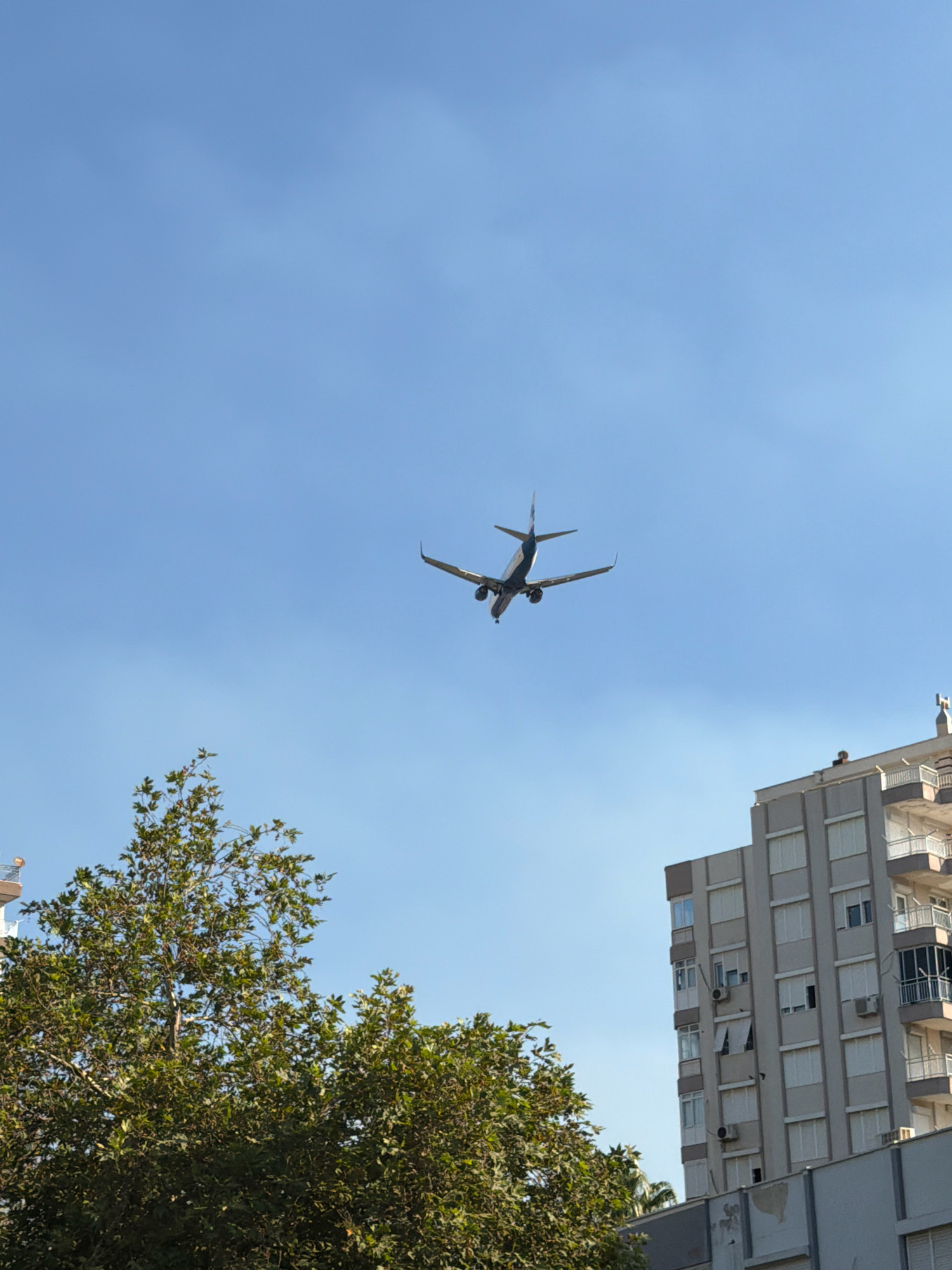 An airplane is in flight against a clear blue sky, its wings extended and landing gear down. Below the airplane, a dense green tree with visible branches and leaves occupies the lower left portion of the frame. To the right of the tree, a tall, multi-story building with a light-colored facade and numerous windows is partially visible. The building has a modern architectural style, with balconies on some floors. The scene appears to be set in an urban environment, likely Antalya, Turkey, given the presence of tall buildings and the clear, bright sky.