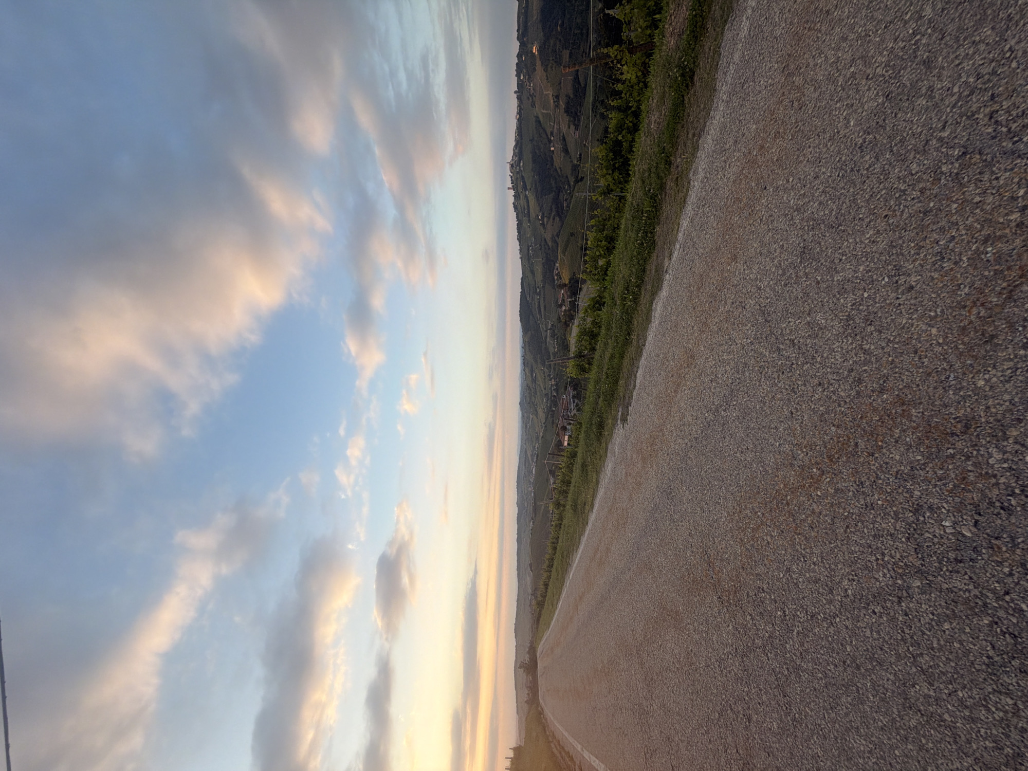 The photograph depicts a rural scene in Castiglione Tinella, Italy, at dusk. An asphalt road stretches into the distance, occupying the right side of the frame and receding towards the center. The left side features a sky filled with clouds, tinted with the soft hues of sunset - light blue, pink, and orange. Along the middle ground, a hillside is visible, covered with vineyards and vegetation, characteristic of the region's winemaking tradition. Small buildings and structures dot the hillside, indicating a settlement. The lighting suggests a peaceful, serene atmosphere as the day transitions to evening. No people or distinct objects are observed.