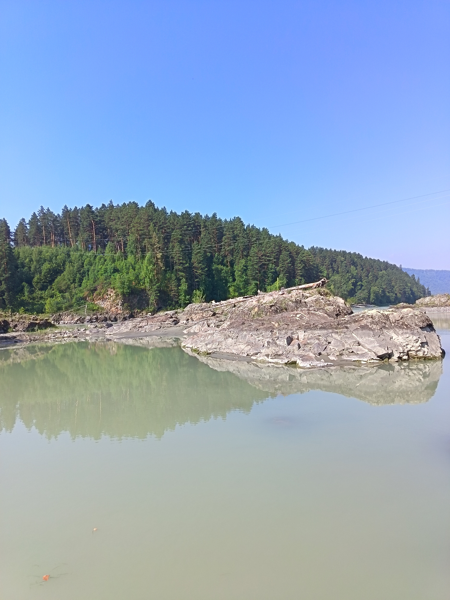 The image shows a serene natural landscape with a wide, calm river in the foreground. The water is a light, milky green color and reflects the trees and sky. A large, rocky island with a dead tree trunk lying on top is situated in the middle of the river. The background features a densely forested hillside rising up from the riverbank. The trees are predominantly coniferous, with a mix of lighter green deciduous trees scattered throughout. The sky is a clear, bright blue with a slight haze visible in the distance. In the upper right portion of the image, thin power lines stretch across the sky. The scene is peaceful and untouched, suggesting a remote natural setting.