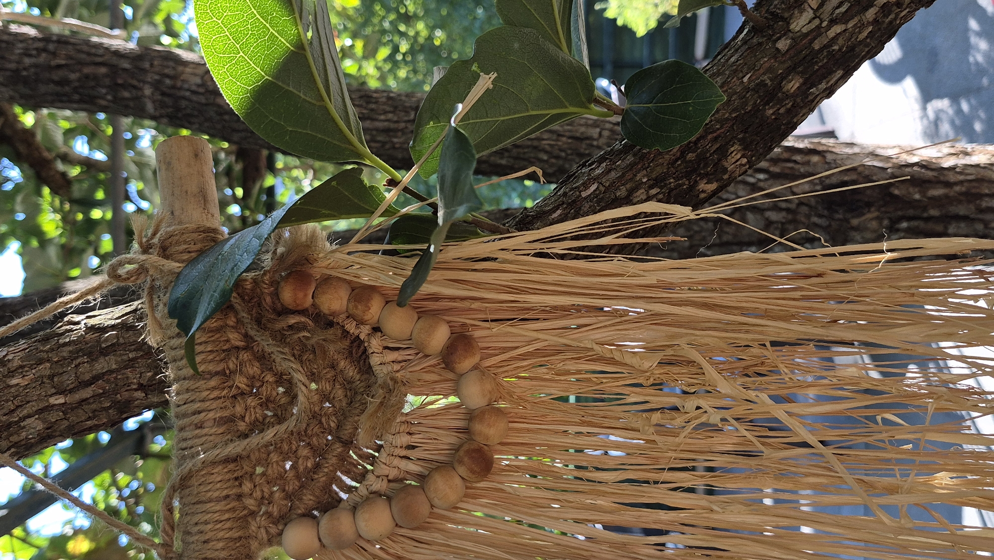 A close-up shot focuses on a portion of a macrame wall hanging that is suspended from a tree branch. The wall hanging features a woven section of jute rope, adorned with a semicircle of light brown wooden beads. From the woven section, strands of light brown raffia hang down, creating a fringe effect. A single green leaf is attached to the jute rope, partially obscuring the beads. The tree trunk is visible to the right of the wall hanging, with its rough bark texture in focus. In the background, out-of-focus green foliage and bright sunlight suggest an outdoor setting, possibly a garden or park. The overall lighting is natural and bright, with strong sunlight creating highlights and shadows. The image does not depict any people or identifiable landmarks.