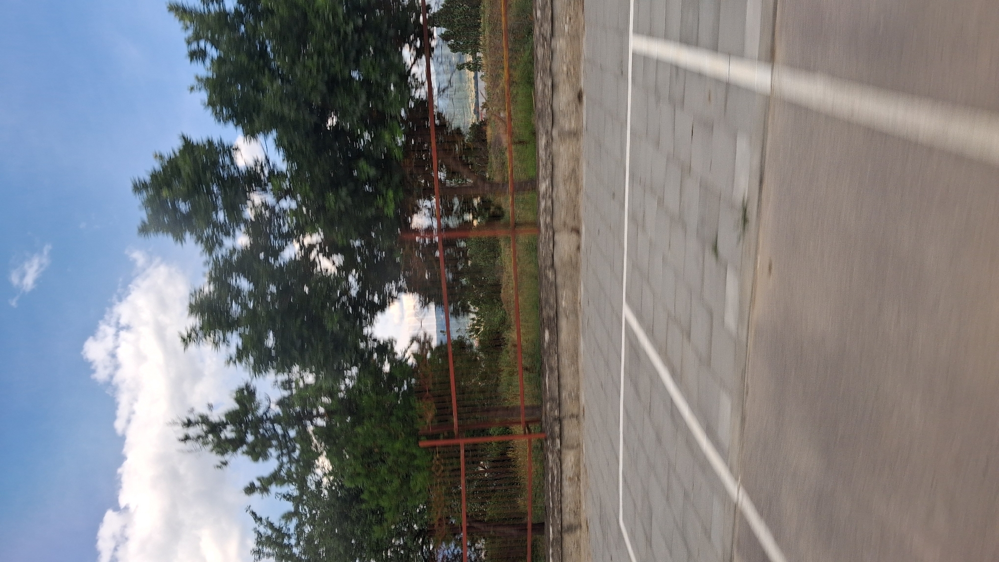 The image captures a blurry daytime scene of a paved area with white parking lines, likely a parking lot, in Koprivlen, Bulgaria. Beyond the paved area, a rusty orange metal fence runs horizontally, separating it from a grassy embankment and trees. In the background, more trees are visible, some appearing to be evergreens and others deciduous, interspersed with hints of distant hills and a bright, cloudy sky. The motion blur suggests the photograph was taken from a moving vehicle. There are no people or animals visible in the frame.