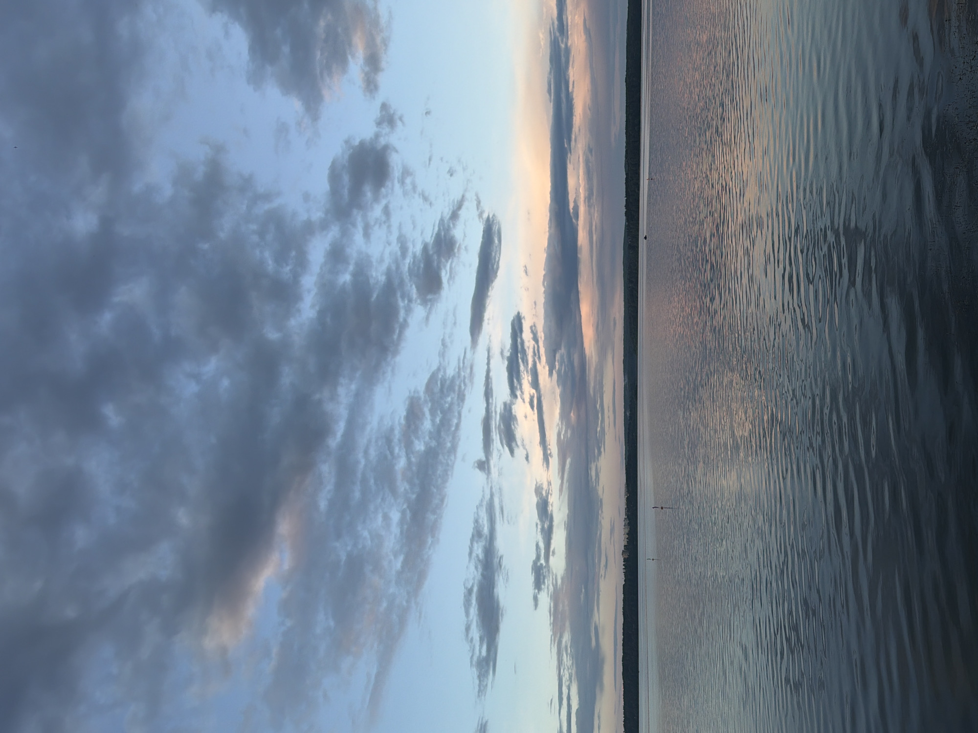 The image shows a serene body of water, likely a lake, with a distant treeline bordering the horizon. The sky is filled with a mix of gray and pinkish-hued clouds, suggesting either a sunrise or sunset. The water's surface is calm, with subtle ripples reflecting the colors of the sky. Two small buoys are visible in the water, and a distant boat can be seen in the middle ground. The overall impression is one of tranquility and natural beauty. This scene could be located on Lake Senezh in Solnechnogorsk, Russia, given its characteristic landscape.