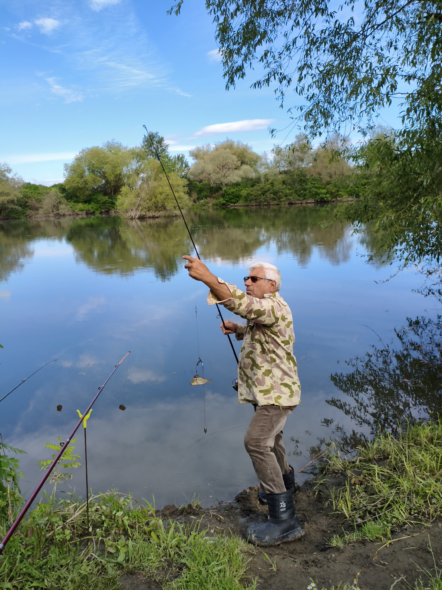 An elderly man with white hair and sunglasses is fishing on the bank of a calm river in Krushare, Bulgaria. He is wearing a camouflage shirt and brown pants. He holds a fishing rod in his right hand, and a small fish is caught on the line. Two other fishing rods are set up nearby. The river reflects the blue sky and the lush green trees lining the opposite bank. The foreground shows a muddy bank with green grass and vegetation. The overall scene depicts a peaceful afternoon of fishing.