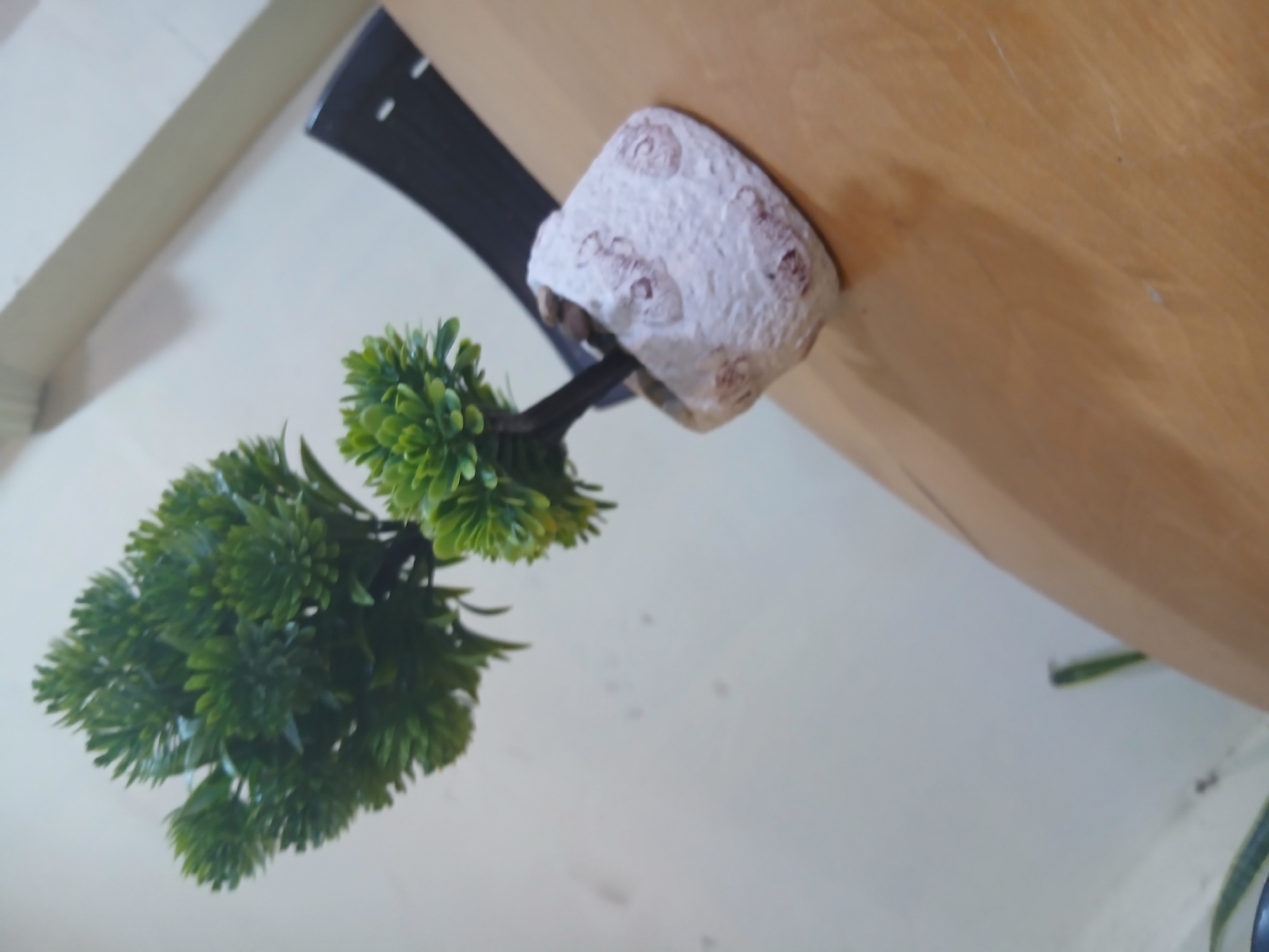 A decorative artificial plant with green foliage in a small white pot with reddish-brown markings rests on a wooden surface. The pot is positioned to the right of the frame. The background consists of a plain, light-colored wall with a diagonal shadow. The image is taken from a slightly elevated, angled perspective. The plant and pot are the sole subjects in focus. The scene is indoors, likely a domestic or office setting in Santa Ana, Venezuela.