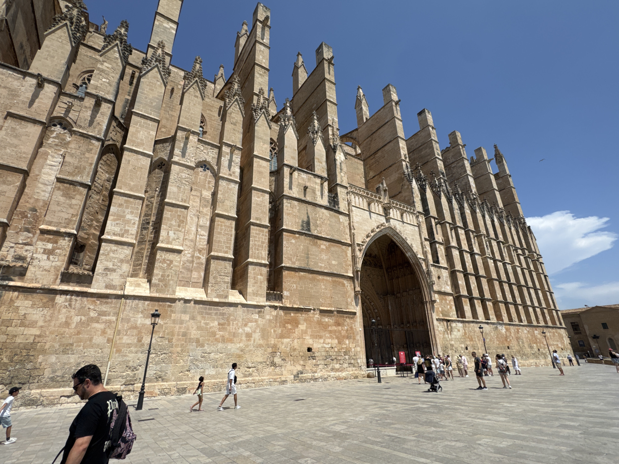 The image shows a low-angle, wide shot of the exterior of the La Seu Cathedral in Palma de Mallorca, Spain, on a sunny day. The sandstone cathedral, a Gothic Roman Catholic cathedral, is massive with intricate architectural details like flying buttresses and spires visible against a clear blue sky. A paved plaza stretches out in front of the cathedral, where several people are walking and congregating.
In the foreground, a man wearing a black t-shirt and sunglasses is walking to the left, carrying a backpack. To his right, a young girl in a light-colored dress and a young boy in a white t-shirt and shorts are walking together. Further in the background, groups of tourists are milling about, some looking at the cathedral, others walking. A black lamppost stands prominently in the plaza. The ground is paved with square stone tiles. In the far background, other buildings can be seen.
