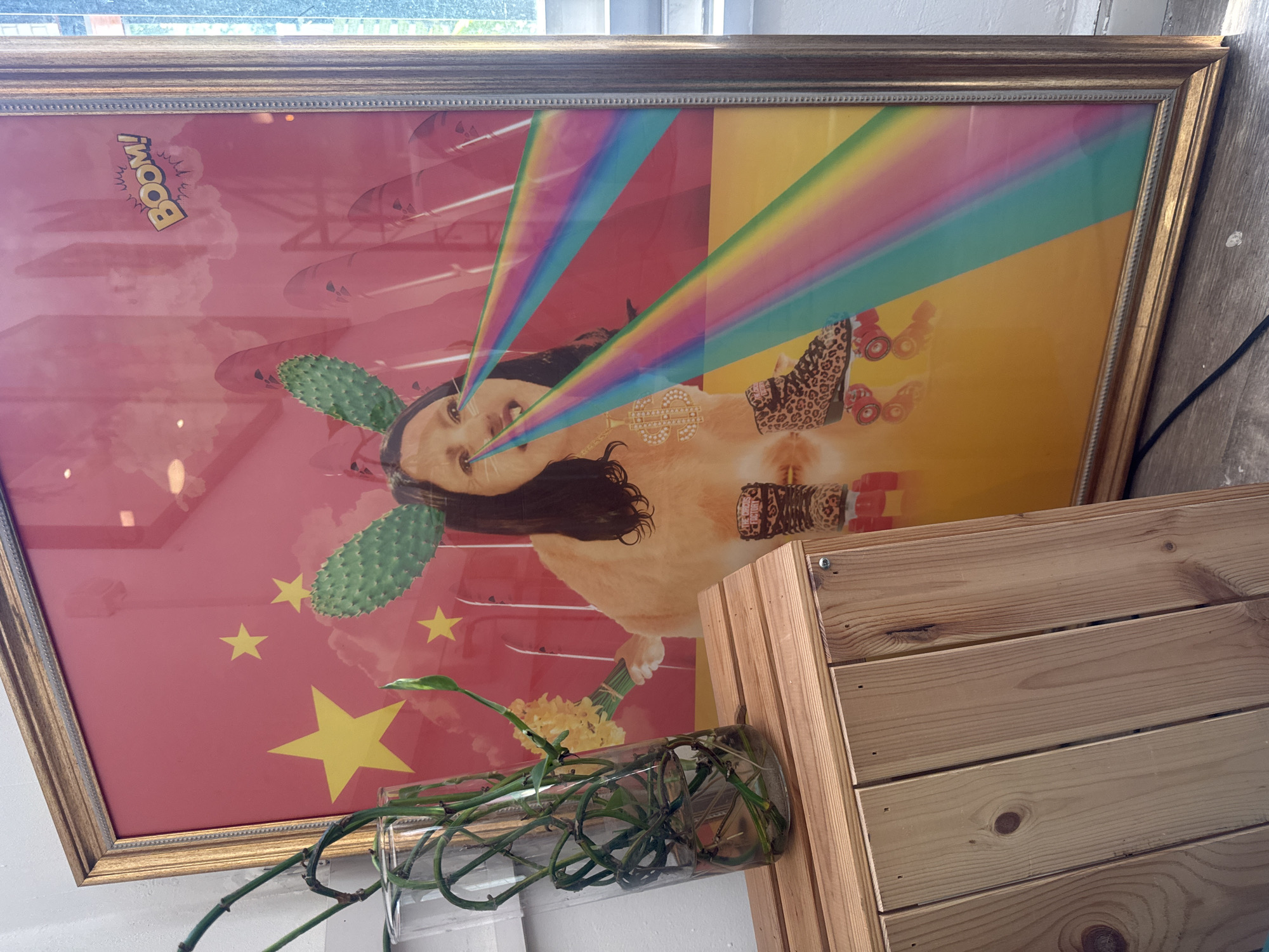 The image shows a framed print leaning against a wooden crate or shelf in what appears to be an indoor setting, possibly a home or shop in Tel Aviv, Israel. The print features a woman with cactus paddles on her head, rainbow beams coming from her eyes, and roller skates on her feet, set against a background that includes the flag of China and sections of red and yellow. A glass tube filled with green vines and water sits in front of the print, adding to the overall eclectic aesthetic. The lighting suggests a bright, daytime setting, potentially from a window.
