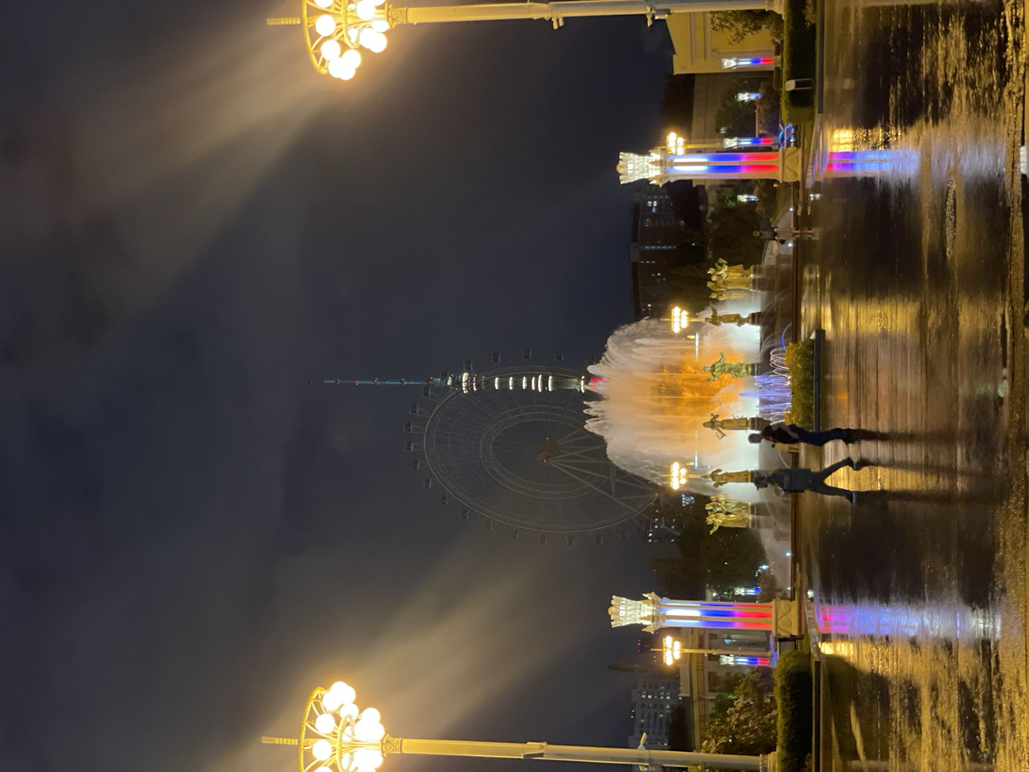 At night, Moscow's VDNH exhibition park in Russia is captured with an eye-level view, focusing on a reflective surface. The composition features a ferris wheel in the background, illuminated by street lights on poles. A water fountain adds a dynamic element. Two individuals are positioned in the scene, their actions not fully discernible. The surroundings include trees, buildings, and decorative features that enhance the park's ambiance.