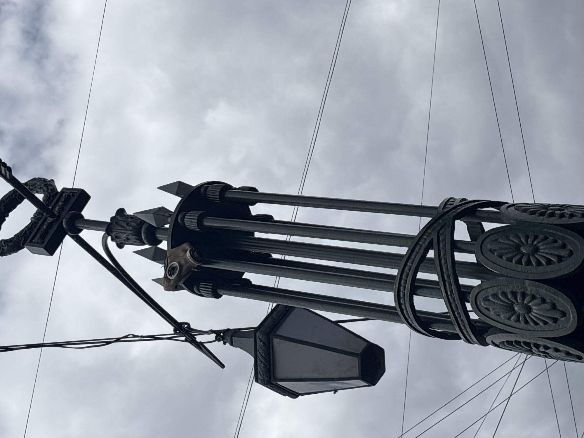 A gas mask is hanging from a lamppost on a cloudy day in Saint Petersburg, Russia. The lamppost is made of dark metal and has intricate decorative elements. A single lamppost fixture is hanging to the left of the gas mask. The gas mask appears to be a vintage style. The sky is overcast with gray clouds. There are power lines visible in the background.