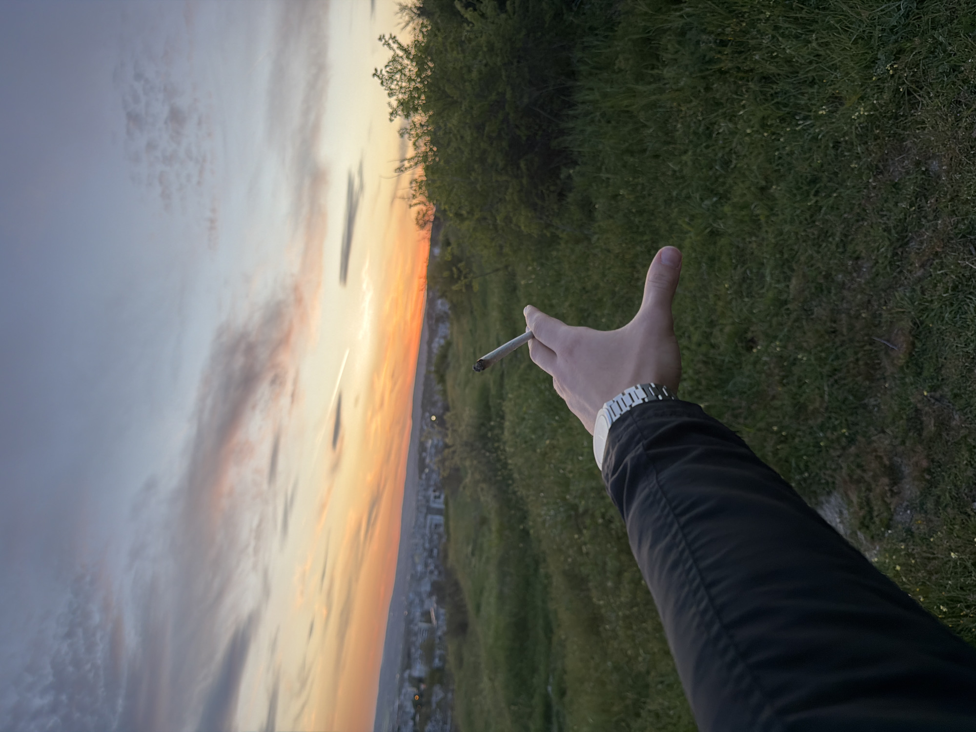 The image is oriented sideways, presenting a first-person perspective of an outstretched human arm and hand holding a lit cigarette or joint. The subject's right arm, covered by a dark-colored sleeve, enters the frame from the bottom right. A silver-colored metallic watch with a link bracelet is visible on the wrist. The hand grasps the cigarette between the thumb and index finger, with the other fingers slightly curled.
The background, on the left side of the image, displays a vibrant sunset or sunrise sky, featuring warm hues of orange, yellow, and pink near the center, transitioning to cooler shades of blue and purple towards the far left. Scattered clouds are present, with a distinct light streak visible high in the sky. To the right of the sky, a landscape unfolds, characterized by lush green grass and bushes in the foreground and mid-ground. In the distance, the faint lights of a town or city can be seen along the horizon line. This elevated vantage point suggests a scenic overlook, possibly a hill overlooking Varna, Bulgaria, providing a panoramic view of the urban area and the natural surroundings during twilight. The scene conveys a sense of tranquility or contemplation. No visible text is present in the image.