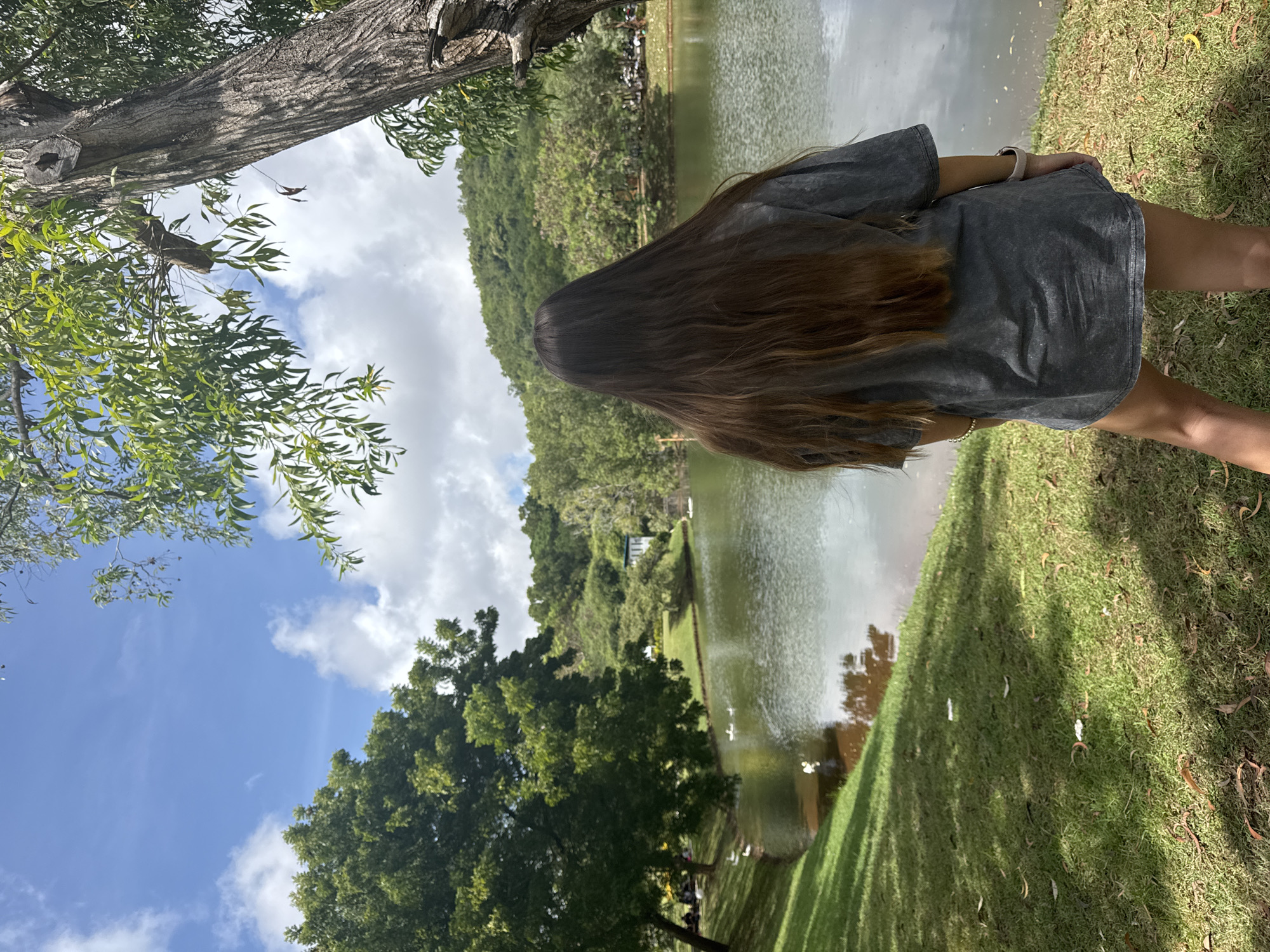 A person with long brown hair, wearing a grey dress, is situated on a grassy area next to a lake. The lake reflects the sky and the surrounding green hills and trees. The lower part of the frame shows a tree with green leaves and a blue sky with clouds.
