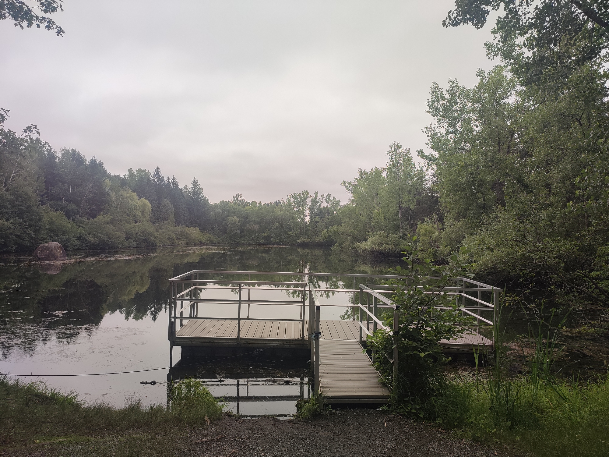The image depicts a serene lake with a wooden dock on the right side, situated in the Parc national du Mont-Saint-Bruno in Saint-Bruno-de-Montarville, Canada. The sky is overcast, casting a muted light on the scene. Dense trees line the opposite shore of the lake, their reflections visible on the water's surface. A large, dark boulder is prominent on the left bank, also reflected in the water. The dock, made of light-colored wood planks, features metal railings and a ramp leading to the shore. Lush green vegetation, including tall grasses and bushes, surrounds the dock and the edge of the lake. The ground in the foreground is covered with gravel. The overall impression is one of a peaceful, natural setting, likely a popular spot for outdoor recreation.