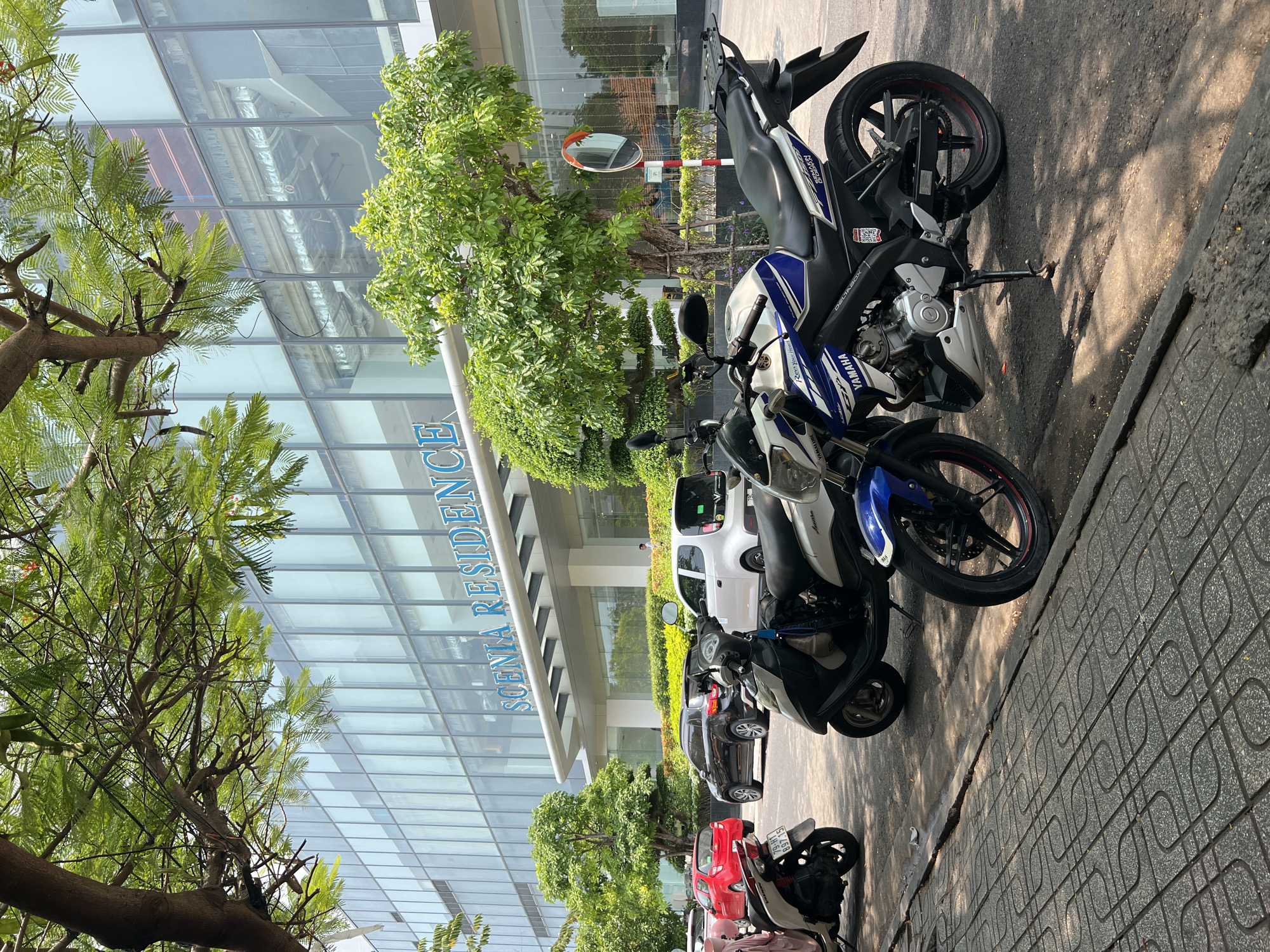 The image shows a street scene in what appears to be a commercial area, potentially the Bac Natural Heritage Area Trang, Vietnam, based on location data. In the foreground, multiple parked motorcycles are visible along the edge of a paved sidewalk. Behind the motorcycles are several cars parked along the same street. The backdrop includes a modern glass-fronted building with the words "SCENA RESIDENCE" in blue lettering near the entrance. Trees are interspersed along the street, providing some greenery. The overall scene suggests a busy urban environment with a mix of residential and commercial elements.