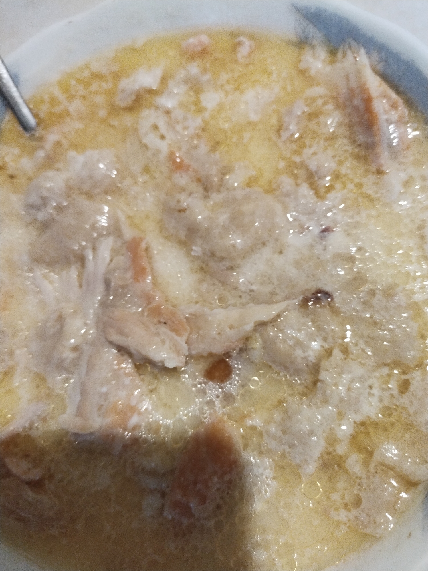 A close-up, overhead shot shows a bowl of pale yellow soup with chunks of what appear to be shredded chicken and possibly some salmon mixed in. The soup is slightly frothy and glistening, with some darker, smaller flecks visible. A silver spoon is partially visible on the left edge of the bowl. The image is slightly blurry and taken in natural light. The location is not discernible from the image itself, and no specific details about the city of Horishni Plavni, Ukraine are present.
