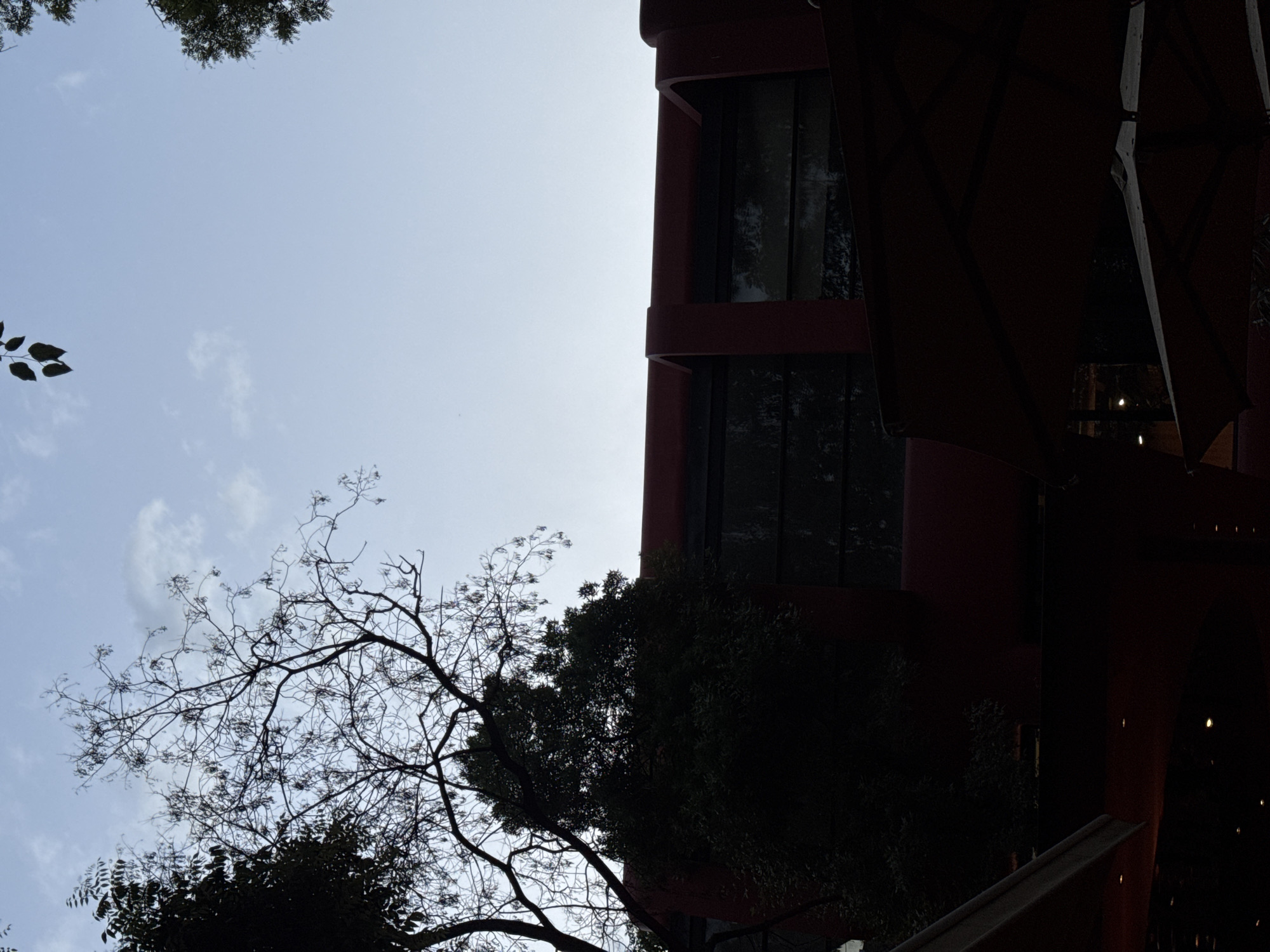 This image presents an upward-looking view of an urban or semi-urban scene in Yerevan, Armenia, characterized by a modern building, trees, and a bright sky.
**Subjects:** The most prominent subject is a modern, reddish-brown building located on the right and partially in the center of the frame. It features a distinctive facade with prominent horizontal bands and large, dark, reflective window panels. Several trees are visible; one in the lower-left and central area has intricate, bare branches silhouetted against the sky, while other sections show dense, dark green foliage, some obscuring parts of the building. The sky is bright, a light blue or almost white, with faint, wispy clouds. On the far right, parts of dark, textured fabric structures, appearing to be large outdoor umbrellas or awnings, are visible, casting deep shadows. In the very dark lower-right section, a few small, glowing yellow-orange lights can be seen.
**Activity or Event:** No specific activity or event is taking place; the image captures a static architectural and natural landscape.
**Notable Details:** The time of day is daytime, evidenced by the bright sky, which also suggests clear to partly cloudy weather. The strong backlighting indicates the sun is overhead or behind the viewpoint, creating deep shadows and silhouettes, especially on the trees and the shaded portions of the building and umbrellas. The modern architecture combined with outdoor shading elements like umbrellas hints at a commercial or public area, potentially a cafe or restaurant attached to the building. There is no visible text in the image. The high contrast due to the backlighting gives the image a dramatic visual quality.
