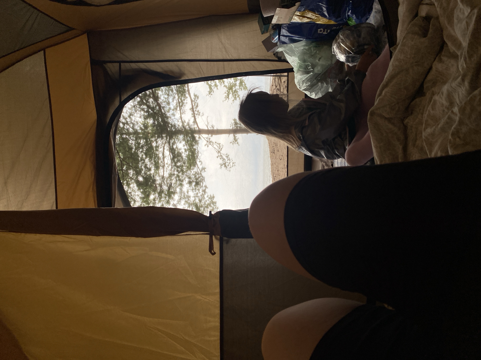 Inside a tent, a young girl with long hair sits on a blanket, facing away from the camera. She is wearing a camouflage jacket and pink pants. A few feet away, a person's legs are visible in the foreground, with one leg bent and the other extended. Bags and other items are scattered to the right of the girl. Through the tent's opening, a tree stands tall on a sandy shore, with a body of water and a cloudy sky visible in the background. The scene is set in Baltiiskoe, Russia, likely a coastal area.