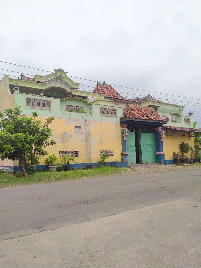 The image captures a distinctive two-story building under an overcast sky, viewed across an asphalt road. The upper level of the building is painted light green, featuring intricate railings and balconies with decorative window frames, and is topped with multiple sections of reddish-brown tiled roofs. The lower walls are predominantly yellow, showing signs of wear, peeling paint, and discoloration, with a blue trim along the base.

To the left of the building, a small tree stands, and several potted plants are placed along the wall. The lower yellow wall on the left features small rectangular patterned vents. A prominent feature is the large, bright green double gates, framed by blue pillars and an ornate covered archway with matching tiled roofing, serving as the main entrance. Faint white lettering is visible on the gates, appearing to read "PUTRA REDENA" on the left gate and "PUTRA RAYA" on the right gate.

The asphalt road in the foreground displays cracks and minor imperfections. Power lines are visible stretching across the upper portion of the sky. The day is cloudy, with no direct sunlight. The architectural style, vibrant yet weathered paint, and general setting evoke a location in Southeast Asia, aligning with the provided context of Tanon, Indonesia. No people or activities are depicted; the scene is a static depiction of the building and its immediate surroundings.