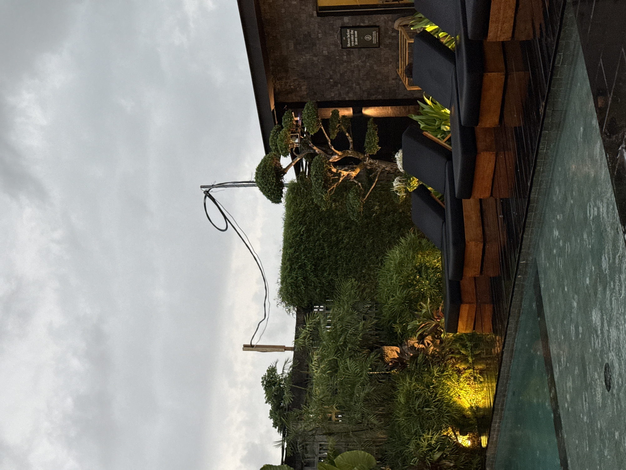 The image, when viewed upright, displays an outdoor setting, likely a resort or hotel, at dusk or night under an overcast sky. The foreground on the right features a dark-edged swimming pool or water feature with a calm surface. To the left, a meticulously pruned, large tree with distinctive rounded foliage is prominently featured in the middle ground, illuminated by warm yellow uplights. This tree is backed by dense green hedges and lush foliage, creating a verdant landscape.
Adjacent to the pool, several dark outdoor lounge chairs or benches with wooden accents are arranged along the edge of a modern building. This building features dark brick or stone cladding, with its lower section and the surrounding plants also lit by warm yellow lights. The contrast between the artificial warm lighting and the cool, gray light from the heavily clouded sky is evident.
In the upper left, a black utility cable or wire hangs loosely from a pole or attachment point. Another wooden structure is visible further in the background.
A specific detail visible on a sign mounted on the building wall reads: "Shower Before Entering The Steam Room", accompanied by a small circular logo. The overall scene is devoid of people, conveying a tranquil and well-maintained atmosphere designed for relaxation.