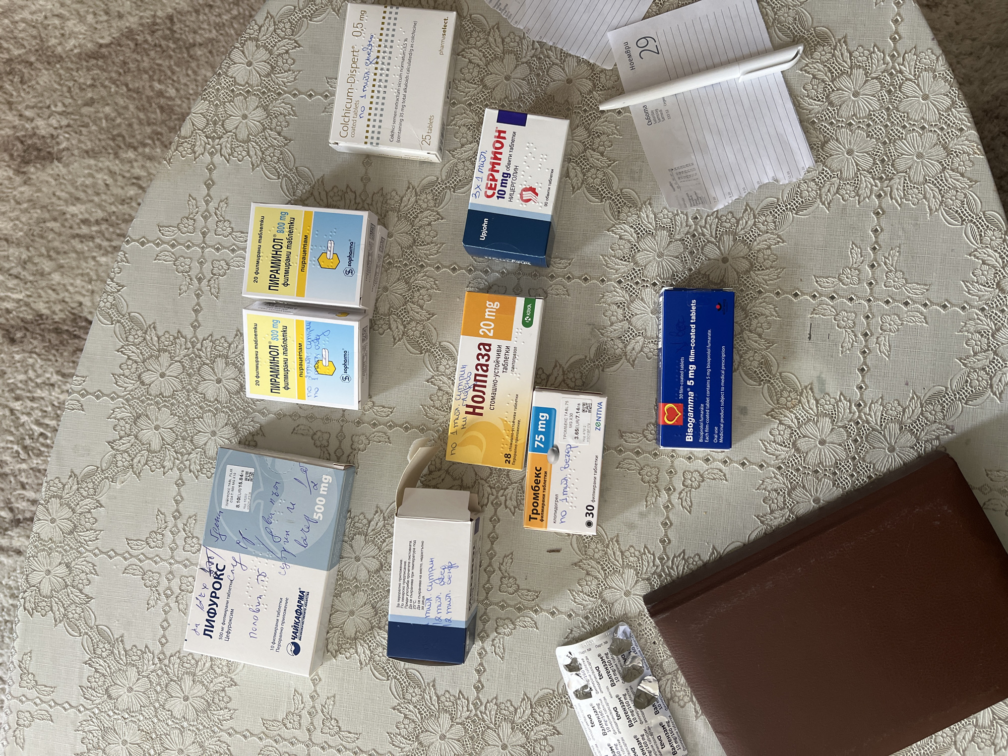 The scene depicts a collection of pharmaceutical products and personal items arranged on a surface covered with an off-white, intricately patterned lace or embroidered tablecloth, likely in a residential setting within the city of Sedlartsi, Bulgaria.
The tablecloth features repeating floral and foliate motifs.
Objects present include:
- A white and blue box for "ЛИФУРОКС" (LIFUROX) 500 mg film-coated tablets, from ЧАЙКАФАРМА (CHAIKAFARMA). Handwritten Cyrillic notes are visible, including "500 mg" and dosage instructions, along with a price sticker indicating "8.10 EUR / 15.84 лв".
- Two identical yellow and blue boxes for "ПИРАМИНОЛ" (PIRAMINOL) 800 mg film-coated tablets from Sopharma, each containing 20 tablets. Handwritten Cyrillic notes are on one box.
- A white box for "Colchicum-Dispert® 0,5 mg" coated tablets from pharmaselect, containing 25 tablets. A handwritten Cyrillic note "no 1 табл. следобед" (1 tablet in the afternoon) is visible.
- A partially open white and brown box with a white insert displaying handwritten Cyrillic dosage instructions: "2 табл. сутрин", "2 табл. обед", "2 табл. вечер" (2 tablets morning, 2 tablets noon, 2 tablets evening).
- A yellow and orange box for "НОЛПАЗА" (NOLPAZA) 20 mg gastro-resistant tablets from KRKA, containing 28 tablets. A handwritten Cyrillic note "по 1 табл. сутрин" (1 tablet in the morning) is present.
- A blue and white box for "СЕРМИОН" (SERMION) 10 mg film-coated tablets from Upjohn, containing 30 tablets. A handwritten Cyrillic note "3х1 табл." (3x1 tablet) is visible.
- An orange and blue box for "ТРОМБЕКС" (TROMBEX) 75 mg film-coated tablets from ZENTIVA, containing 30 tablets. A price sticker shows "3.65 EUR / 7.14 лв". A handwritten Cyrillic note "по 1 табл. вечер" (1 tablet in the evening) is visible.
- A partial blister pack for "ВАЛТЕНЗАМ®" (VALTENZAM®) 10 mg/160 mg tablets from Teva, with several tablets visible.
- A blue box for "Bisogamma® 5 mg" film-coated tablets, containing 30 tablets.
- A dark brown, closed journal or book with a possibly leather-like cover, positioned on the left side.
- An open planner or diary on the right side, showing "Ноември 29" (November 29), "Събота" (Saturday), and a time schedule from 7:00 to 19:00.
- A white pen resting on the open planner/diary.
No individuals are present in the image, and no active interactions or actions are depicted.