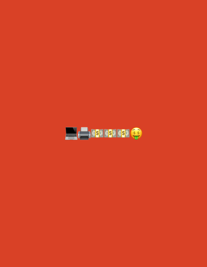 A row of five dollar bills with the dollar sign is lined up next to a printer and a laptop. A money-mouth face emoji sits to the right of the dollar bills. This image is not in Odesa, Ukraine.