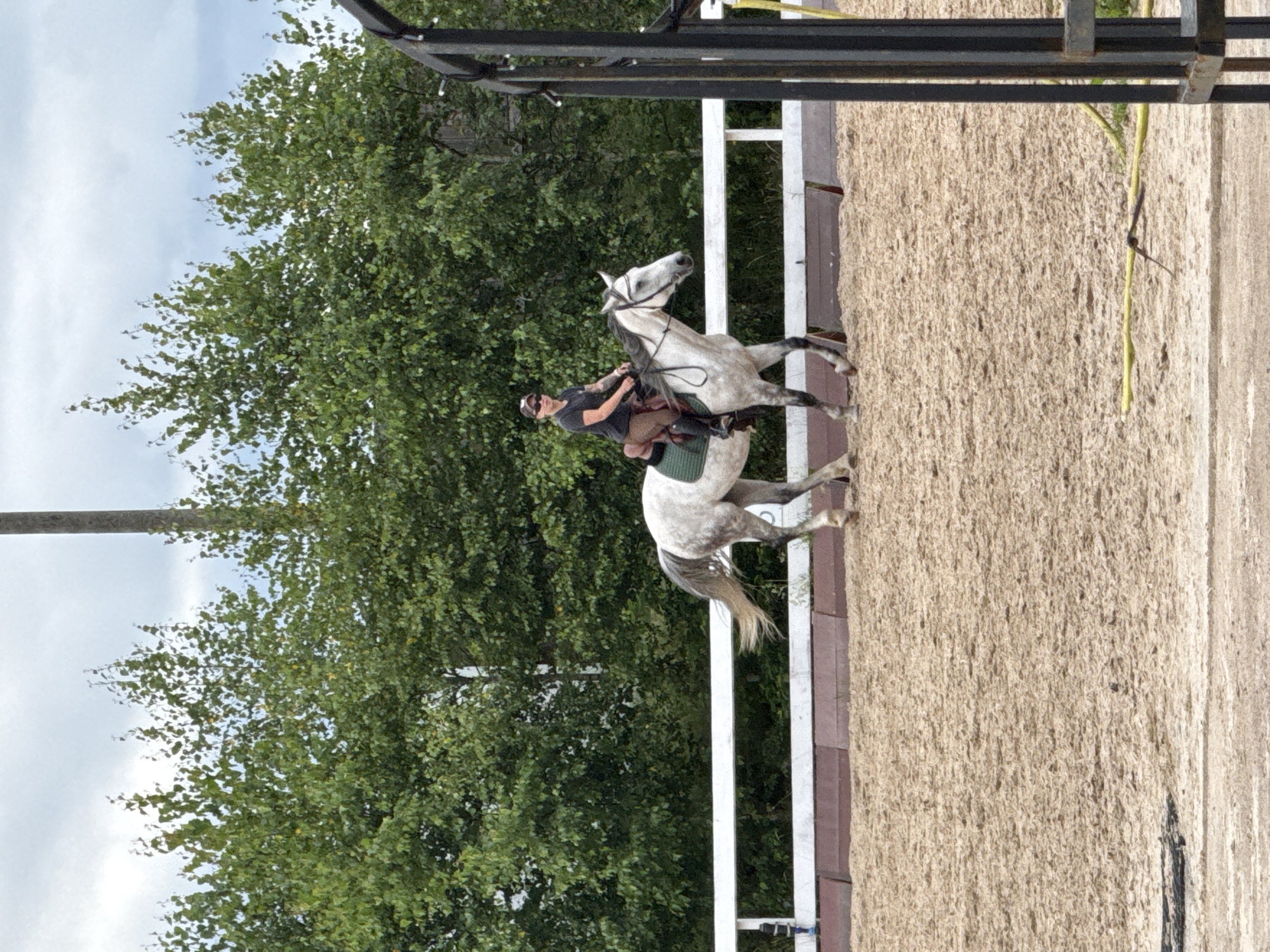 In Mars, Russia, a light gray horse is being ridden in a sandy arena. The rider, wearing a dark t-shirt, brown pants, and a baseball cap, is seated on a saddle pad. The horse has a dappled coat and a dark mane. The arena is bordered by a white fence and lined with trees in the background. A tall pole stands behind the trees. The sky is overcast with clouds. A dark metal structure is visible on the right side of the image, and a yellow hose lies on the sand in the foreground.
