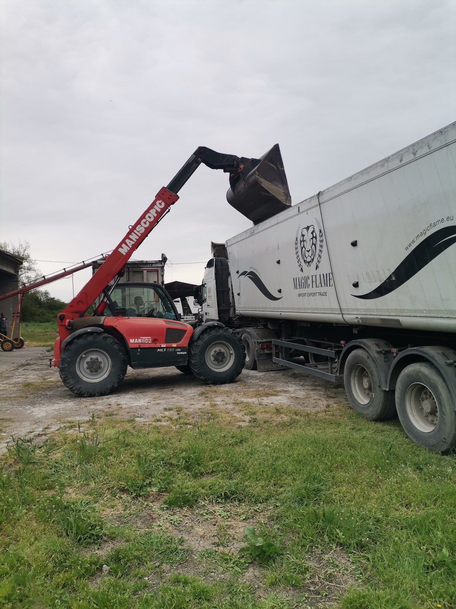 An outdoor scene in Kochovo, Bulgaria, depicts a red Manitou telehandler, specifically a MANISCOPIC MLT 731 LSU TURBO model, in the process of loading bulk material. Its extended boom positions a large bucket over the open top of a white semi-trailer truck, depositing contents into it. A person is visible operating the telehandler from its cab.
The truck's trailer is prominently branded with a lion's head logo and the text "MAGIC FLAME IMPORT EXPORT TRADE" and "www.magicflame.eu", also showing "SCHMITZ". The truck's cab is partially visible, with "VOLVO" discernible on its mudflap. To the left, another person stands near a yellow mobile grain auger or conveyor, suggesting an agricultural or bulk goods handling operation.
The setting is an industrial or agricultural yard, featuring a mix of dirt and gravel ground where the vehicles are parked, transitioning to a grassy area in the foreground. In the background, part of a building structure and some bare trees are visible. The sky is overcast, indicating a daytime scene with soft, diffused lighting.