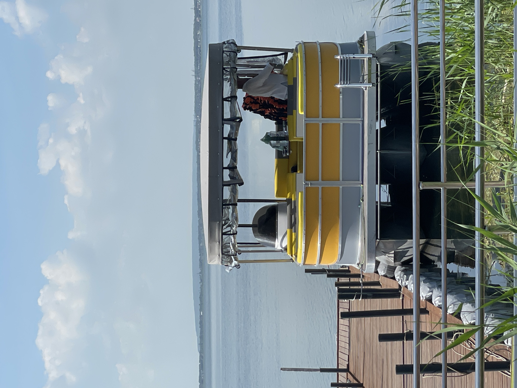 A pontoon boat with a yellow and gray exterior and a gray canopy is docked at a wooden pier on a calm body of water. The boat has a person on it wearing a white shirt and life vests are stacked behind them. Green reeds grow along the edge of the water in the foreground, and there is a metal railing in front of them. In the background, the horizon is lined with a distant landmass under a hazy sky with scattered clouds.