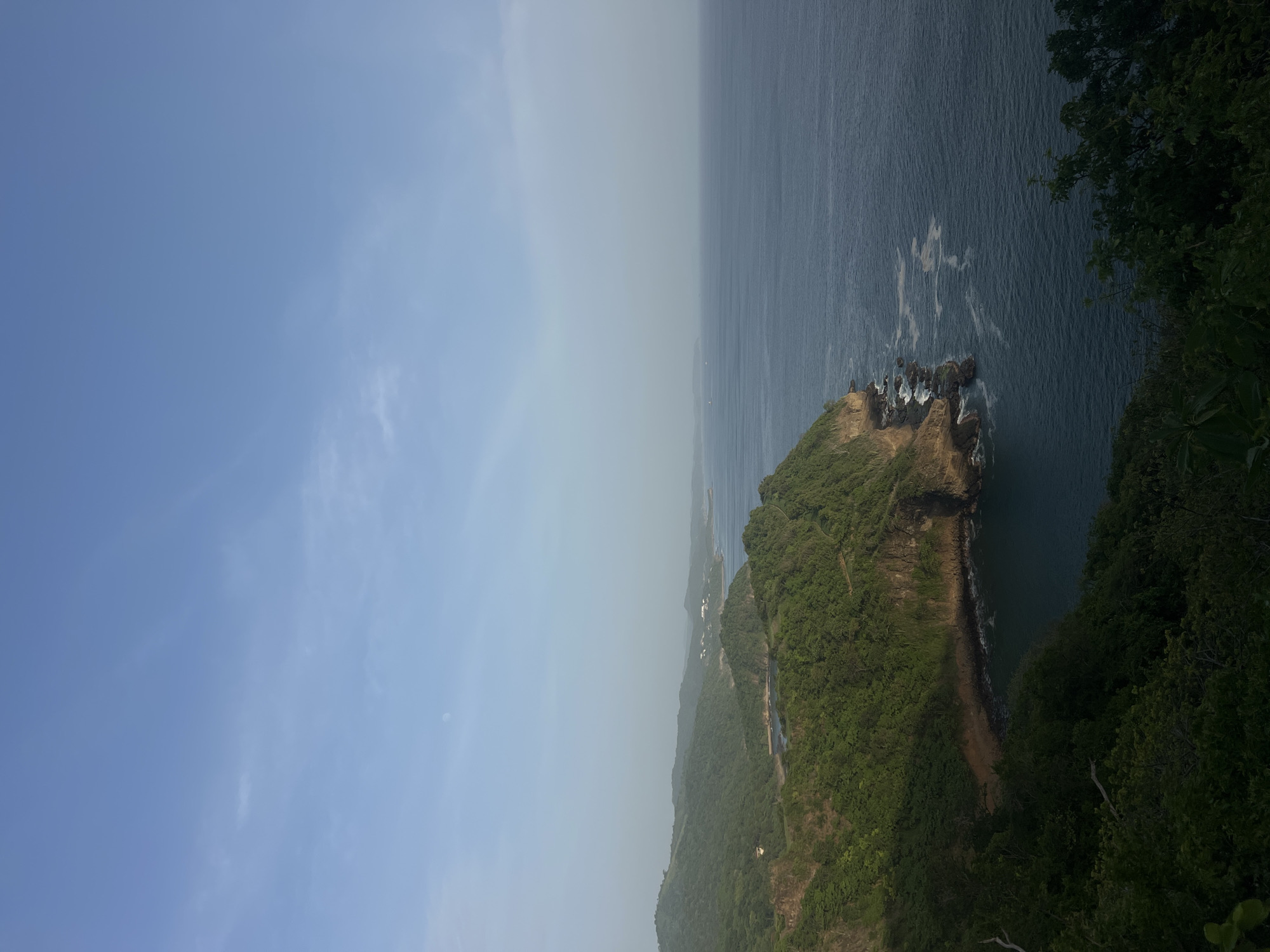 An elevated, wide-angle shot captures the dramatic coastline near San Juan del Sur, Nicaragua. The foreground is dominated by lush, dark green foliage of trees and shrubs, partially obscuring the view. Below, a rugged, verdant cliff face plunges towards the deep blue ocean. The water is moderately rough, with white foamy waves crashing against rocky outcrops at the base of the cliff. Further out, the sea stretches to a hazy horizon, where several faint, distant white objects that could be boats are visible. The sky above is a pale, clear blue, with a few wispy white clouds and a faint, barely visible disc that might be the moon in the upper left quadrant. The overall impression is one of natural beauty and rugged coastal landscape.