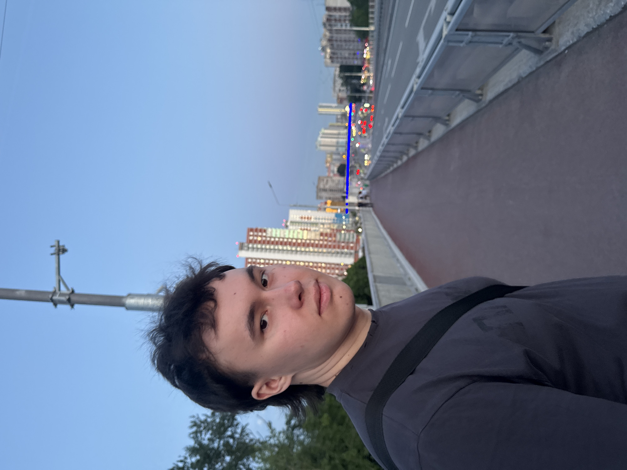 A selfie, taken on a bridge. The subject is a young person with dark hair and a dark gray t-shirt with a strap across their chest. The background includes a cityscape, likely Perm, Russia, with modern buildings. A road runs along the bridge, and the sky is a pale blue. A street light pole is visible in the lower left. The picture is taken at an angle and rotated in post.