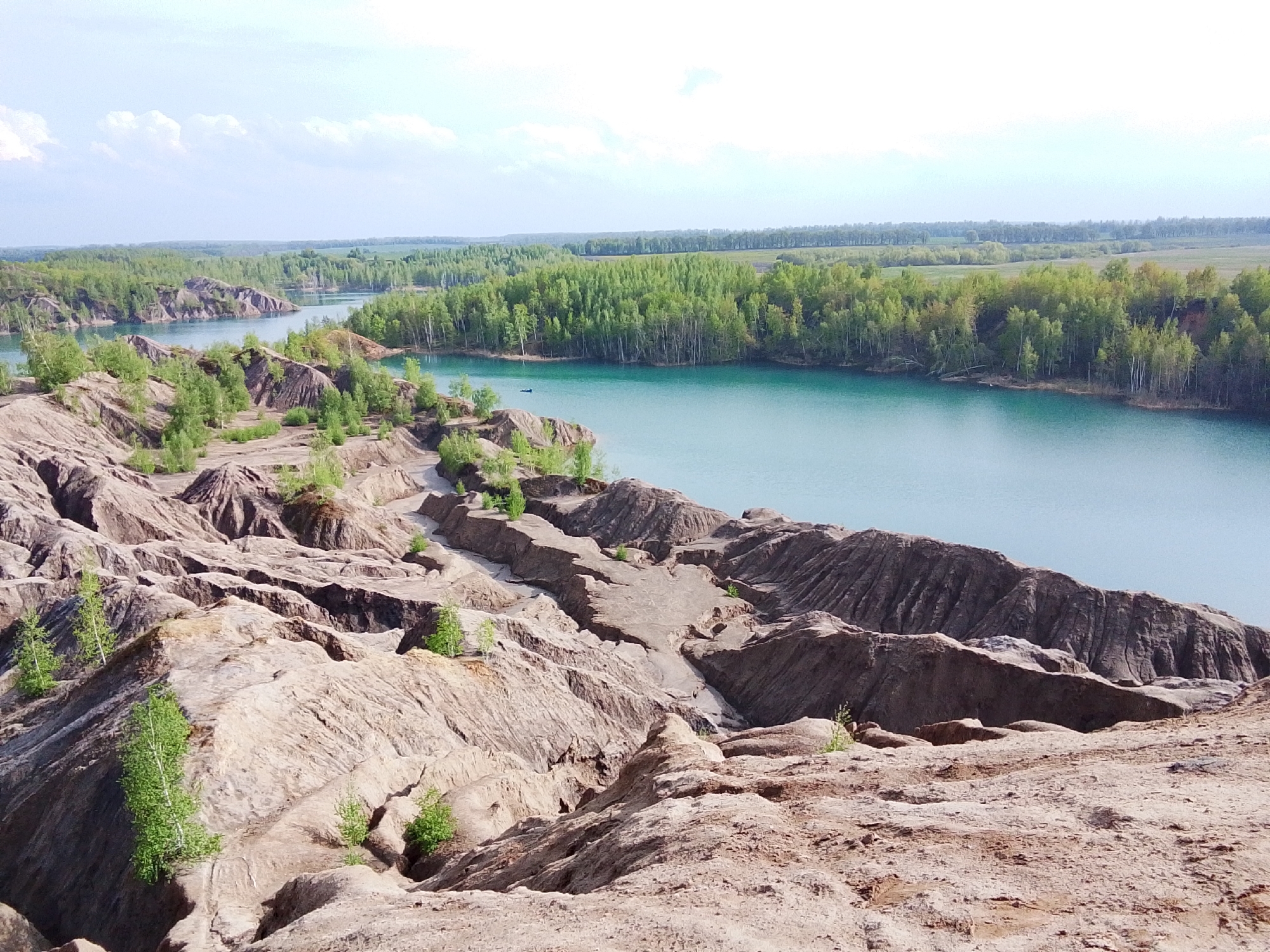 A high-angle view showcases a striking landscape featuring a large body of turquoise water cutting through a terrain of eroded, light brown to gray hills. The hills in the foreground exhibit steep, textured surfaces, with sparse vegetation consisting of small, green trees. Beyond the hills, the water extends, bordered by a dense forest of green trees. In the distance, the horizon line is visible, with hints of open land and sky, including a few clouds. The scene is located in the city of 1-Go Maya, Russia.