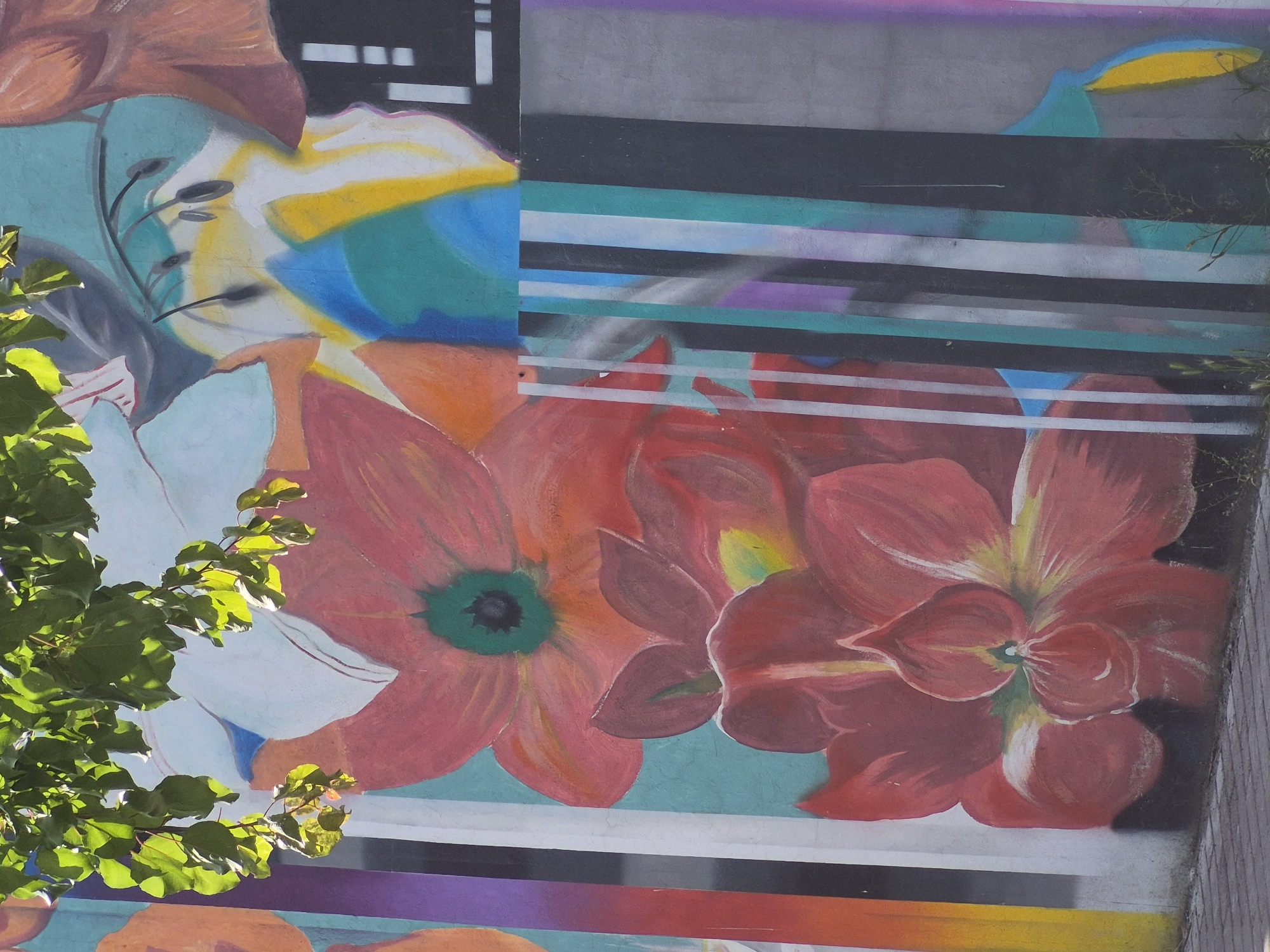 The image displays a colorful mural painted on a concrete wall, with vibrant floral motifs and abstract linear elements. The mural features large, red, poppy-like flowers with green and black centers. Behind the flowers, abstract shapes in shades of blue, yellow, white, and teal are visible, interspersed with vertical stripes of various colors including purple, white, teal, and black. The bottom portion of the mural is in shadow, with a paved sidewalk in the foreground. Lush green leaves from a tree branch hang over the top of the mural, casting dappled sunlight onto the painted surface. The mural is located on the exterior wall of a building. The style of the mural suggests it is a contemporary street art piece. Based on the architecture and common street art locations in Yerevan, Armenia, this mural is likely located on one of the building facades in the city center or in a neighborhood known for its artistic expressions.