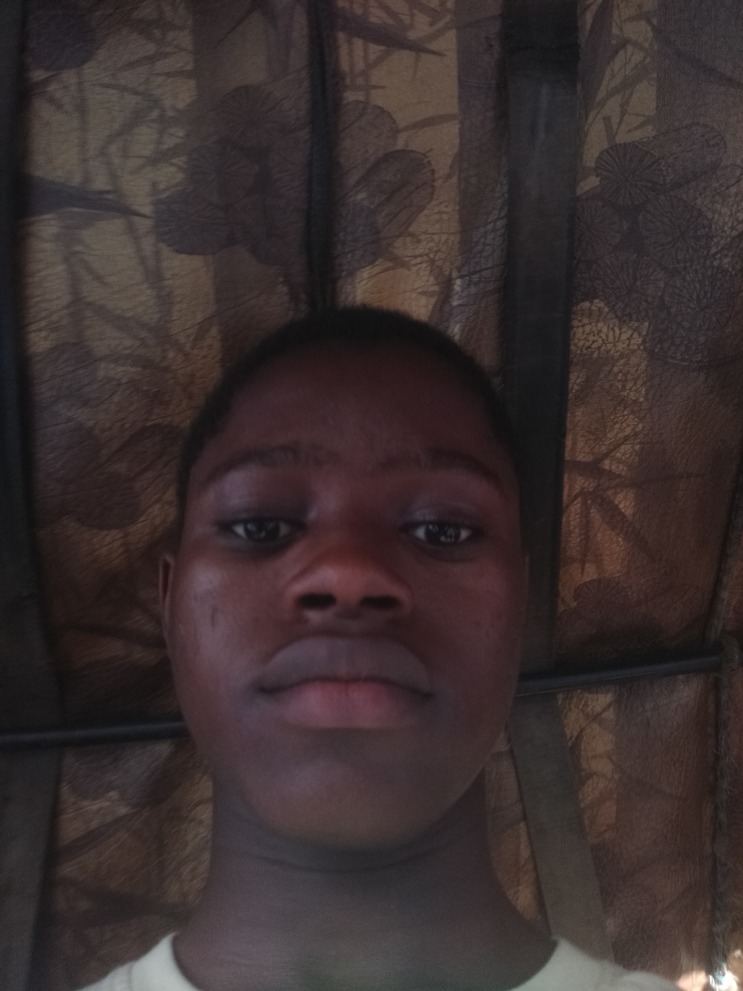 A selfie of a Black person with short dark hair is set against a background of patterned fabric, possibly a curtain or canopy, with dark structural elements. The photo is taken at close range, focusing on the face. The location is city of Unknown, Unknown.