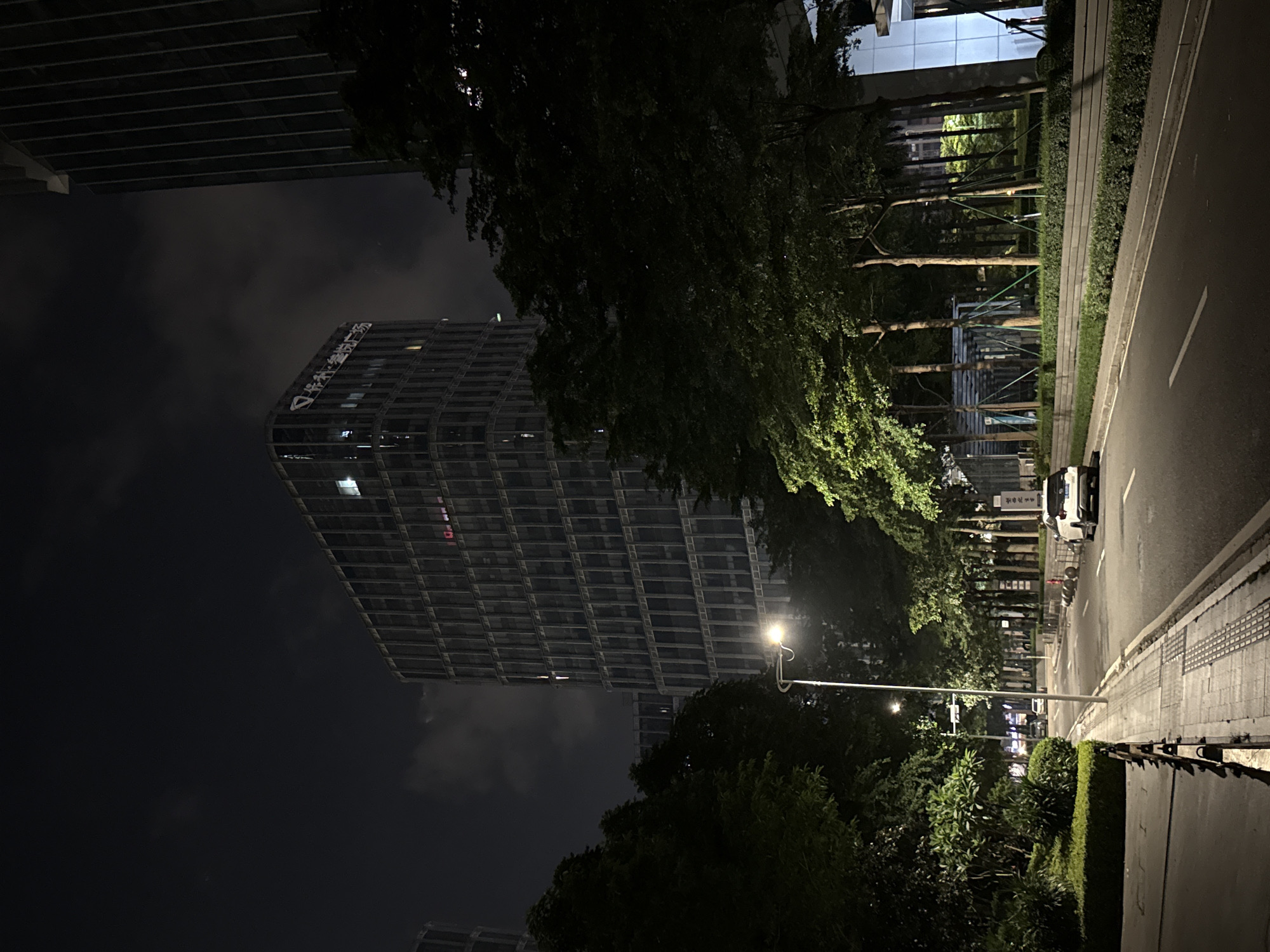 The image depicts a nighttime street scene in Haizhu District, China. The primary subjects are a tall, modern building with a grid-like facade and illuminated windows, and a street with a sidewalk and a lane for vehicles. Several trees with dense foliage line the sidewalk, some of which are lit by streetlights, casting a greenish glow.
The scene suggests a quiet urban environment at night. The sky is dark and appears to be cloudy, with a few distant lights visible. A white vehicle is parked on the right side of the street, and a street lamp illuminates the immediate foreground. The building in the background has text on its facade, which appears to be Chinese characters. The overall mood is tranquil and somewhat mysterious due to the darkness and the interplay of light and shadow. The presence of trees and manicured greenery along the sidewalk indicates a well-maintained urban area.