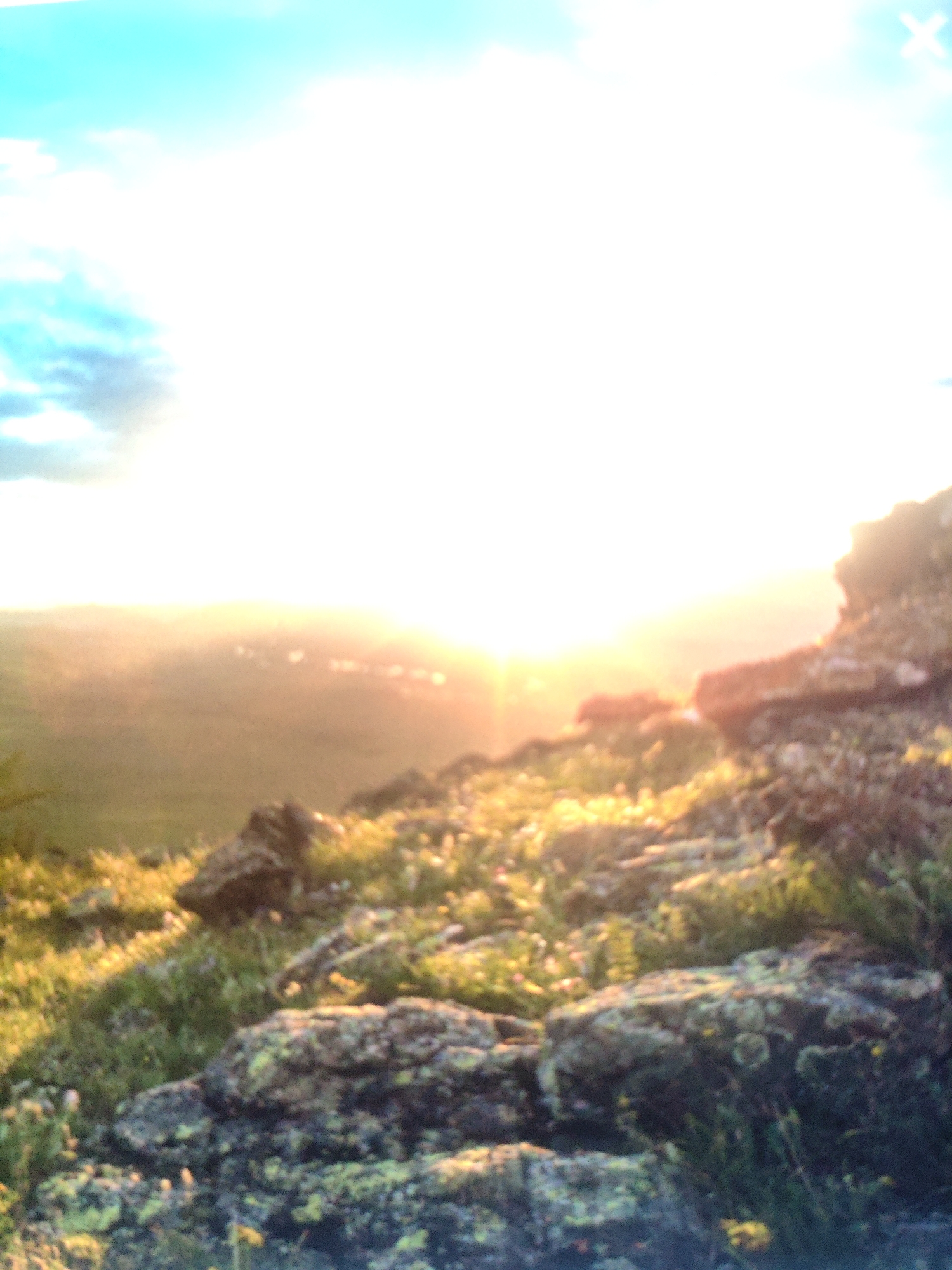 The image depicts a sun-drenched landscape, likely a hillside or elevated terrain, with the sun positioned high in the sky and emitting a strong, bright glare that washes out much of the scene. In the foreground, large, weathered rocks are scattered amongst patches of green grass and small yellow wildflowers. These rocks appear textured and covered in lichen, suggesting an outdoor, possibly rugged environment.
The middle ground is hazy due to the intense sunlight, but it seems to show a rolling landscape with subtle hints of vegetation and possibly some man-made structures or lights in the distance, appearing as a blurred, luminous band. The sky is bright, with clouds visible in the upper left corner, tinged with blue and white. The overall impression is of a bright, possibly early morning or late afternoon scene, with the sun's radiance dominating the view.
Without further contextual information or visible landmarks, it is impossible to pinpoint the exact location within the city of Armavir, Russia. The scene is natural and rural in appearance.