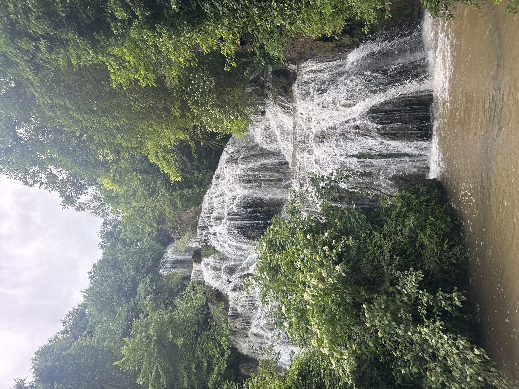 The image shows a cascading waterfall in Krushuna, Bulgaria, surrounded by lush greenery. The water flows down a series of rocky tiers into a river or pool. Trees and foliage line both sides of the waterfall and the water's edge. The sky is overcast.