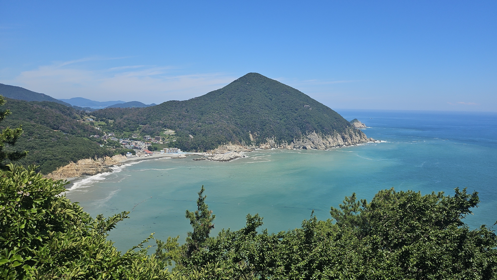 This is a high-angle, wide shot of a coastal landscape in Geoje-si, South Korea, on a clear, sunny day. In the foreground, lush green foliage, including tree branches with small white flowers, partially obscures the view. The middle ground features a bay with calm, turquoise water. Along the shore of the bay, there is a small village with white buildings and a breakwater made of rocks. Steep, tree-covered hills rise behind the village. Dominating the background is a large, conical mountain covered in dense green trees, jutting out into the sea. The horizon is marked by the deep blue ocean meeting the clear blue sky. The overall scene depicts a tranquil, scenic coastal area.