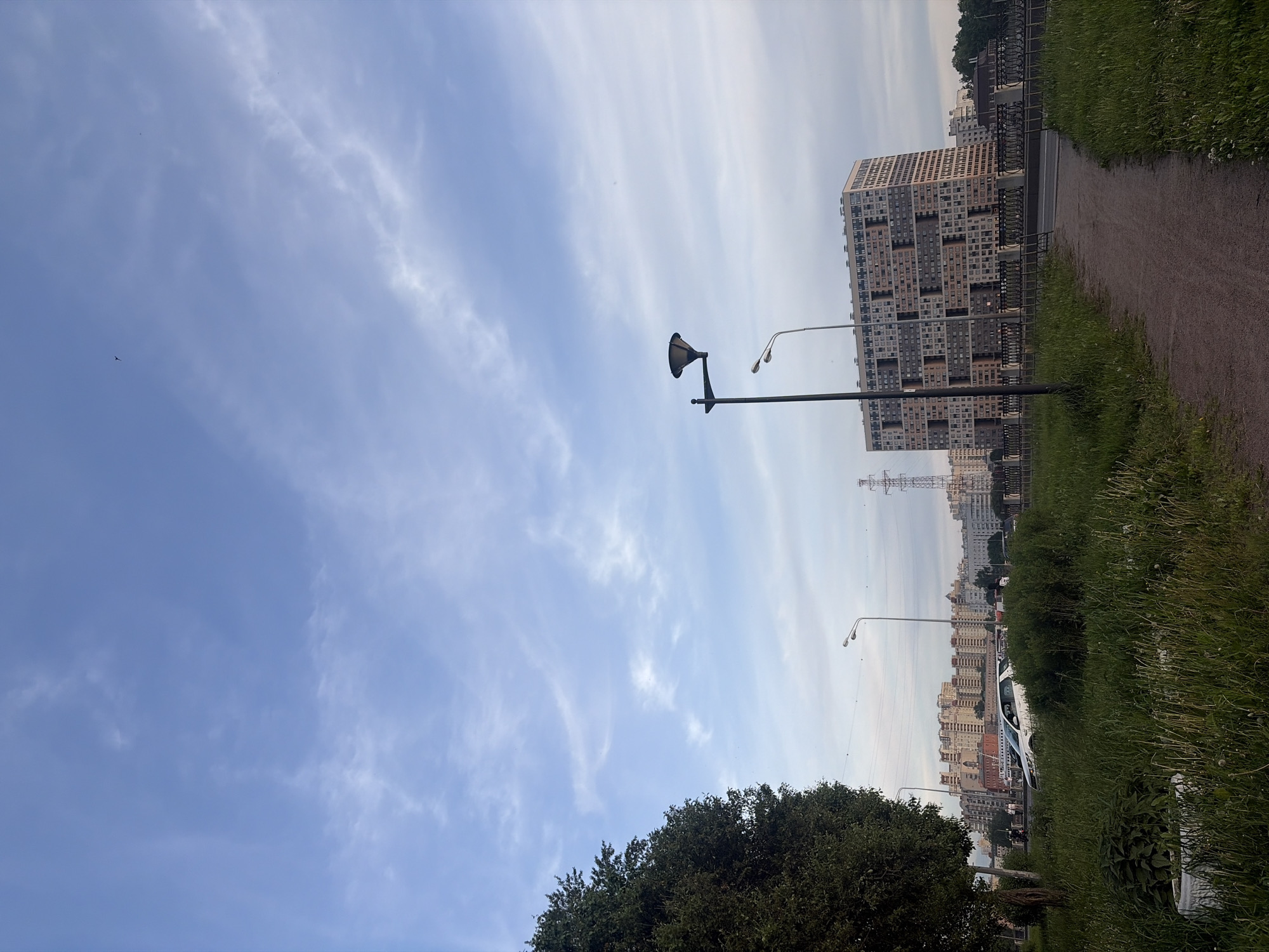 The image depicts an urban landscape in Unknown, Russia, under a partly cloudy, light blue sky with scattered cirrus-like clouds. The foreground features a dirt path, partially obscured by overgrown green grass and weeds, extending from the bottom center and curving slightly to the right. A dense, dark green tree occupies the left side of the frame, with a white planter containing a dark green plant visible at its base.
In the midground, two streetlamps are present: a dark-colored, funnel-shaped lamp on the left of the path, and a lighter-colored, standard streetlamp further right and behind it. A black metal fence with ornamental scrollwork separates the grassy area from a paved surface, likely a road or bridge, which is partially visible. Beyond this, a prominent, multi-story residential building with a distinctive, grid-like facade comprising numerous small windows and varied paneling dominates the right midground. To the left, a white SUV is partially visible behind the tree and additional residential buildings line the horizon.
The background reveals a cityscape with multiple multi-story residential buildings under a hazy sky. A tall metal lattice tower (power pylon) is visible on the far left, extending above the distant buildings. Two small, dark specks, likely birds, are present in the upper left sky. No people are discernible. The lighting suggests late afternoon or early evening.