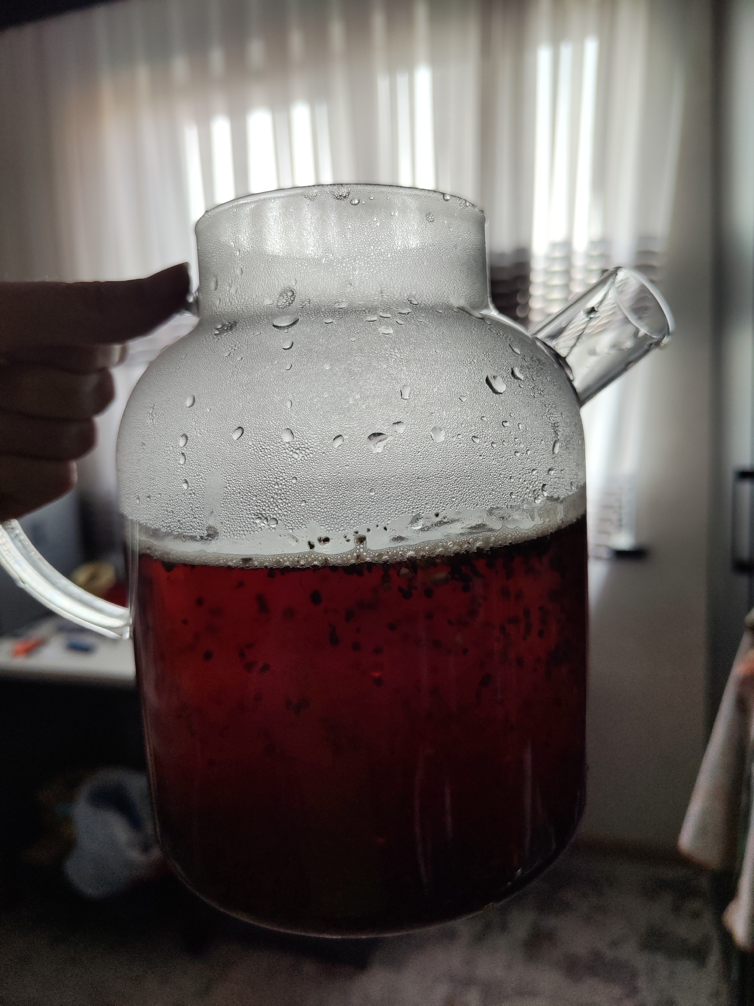 A glass teapot filled with a dark red liquid and tea leaves is held by a hand. The teapot is covered in condensation, suggesting it contains a hot beverage. The background shows sheer curtains and a dimly lit room. The image is likely taken indoors, possibly in a residential setting in Tashkent, Uzbekistan, given the typical interior decor.