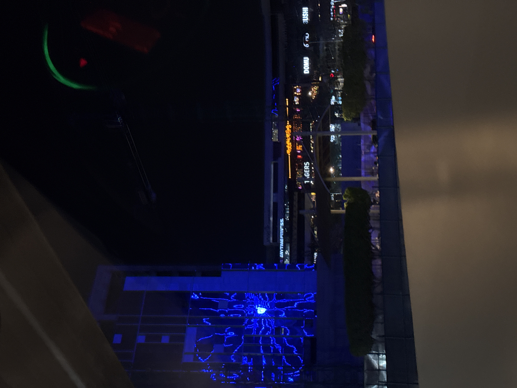 The image shows a nighttime view of a city. Prominent signs read "TIGERS", "DOMU", and "SUSHI". In the foreground, a building is illuminated with a pattern of bright blue lights. A dark green, crescent-shaped object with a smaller red object is present at the top left of the image. The photo appears to have been taken through a reflective surface. The location is not Puebla, Mexico.