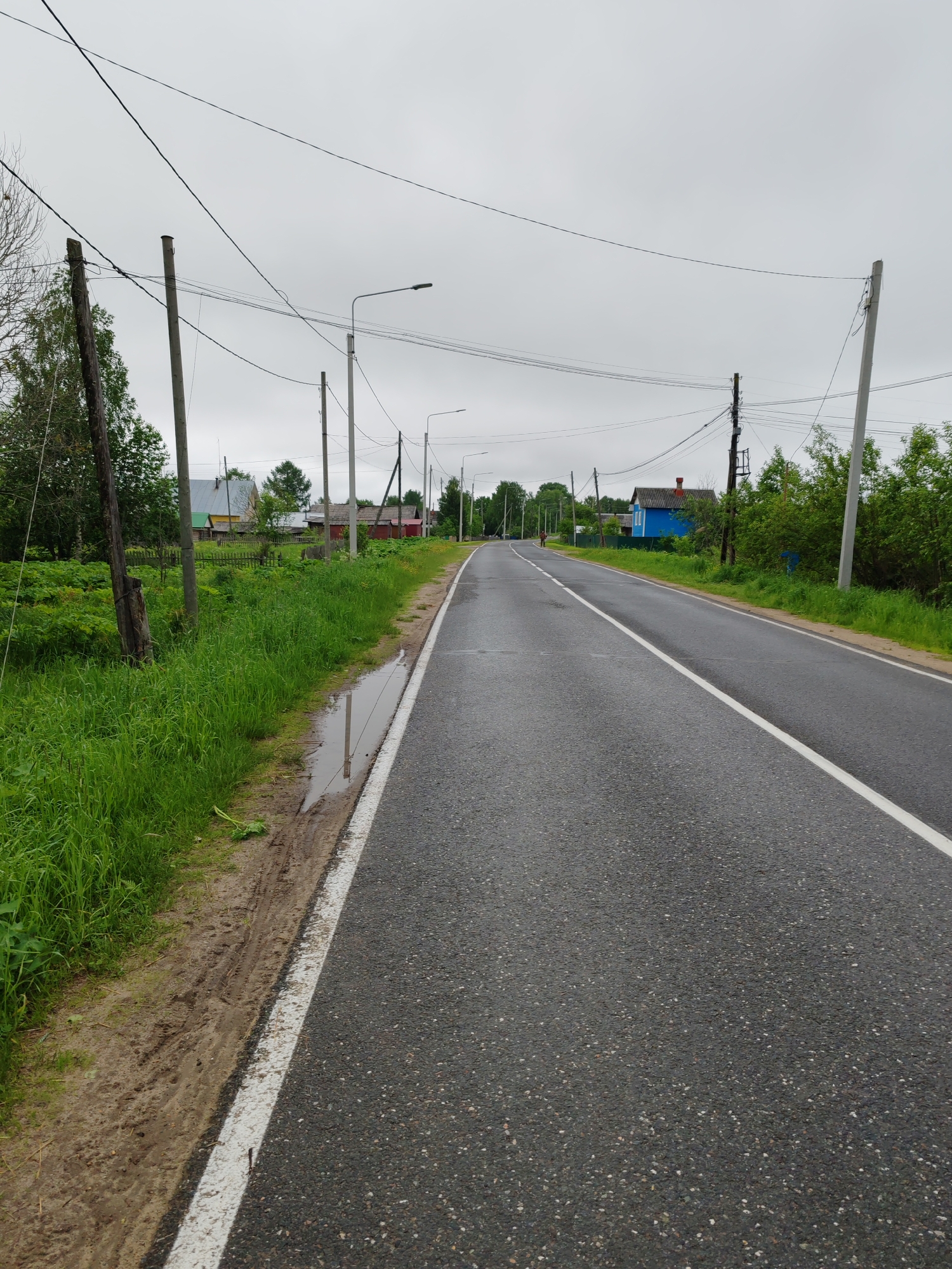 The image shows a rural road in Чухлэм, Russia. The asphalt road is gray and wet, with a white line marking the edge of the lane. On either side of the road, there is green grass and vegetation. Wooden and concrete utility poles line the roadside, with power lines strung between them. In the distance, there are houses of various colors, including blue and red. The sky is overcast and gray.