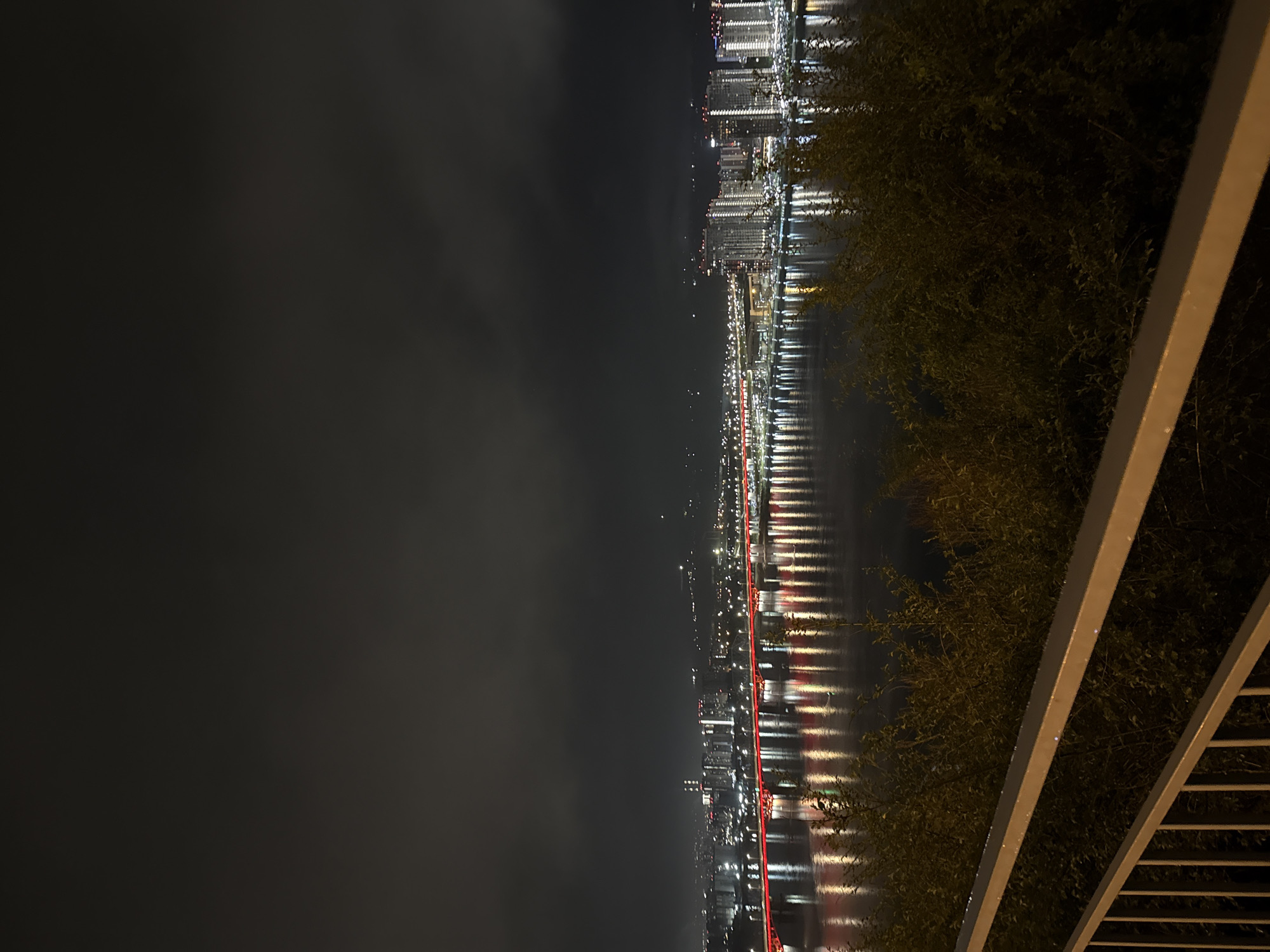 The image depicts a night cityscape in Krasnoyarsk, Russia, with a bridge illuminated with red lights extending across the Yenisey River. The city's lights reflect in the water. On the right of the image is the railing of an elevated platform or bridge, with foliage partially obstructing the view of the city. The sky is dark, suggesting it is night. The image is taken at an angle.