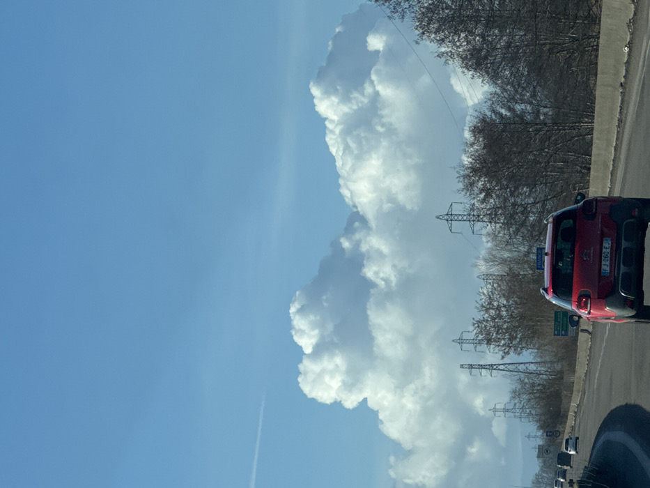 The image depicts a multi-lane highway scene under a clear blue sky with prominent, bright white cumulus clouds. The foreground is dominated by the rear view of a red Citroën C3 Aircross SUV, bearing a French license plate "FJ-060-EJ," traveling in the right lane. Other vehicles are visible further ahead in the left lane.
The highway features a concrete barrier on the right shoulder and a guardrail separating the traffic lanes from the opposing direction. Road signs are present on the right side of the highway; one blue sign clearly indicates "FRANCE," suggesting proximity to the French border. Another green directional sign is partially visible below it, with illegible text.
The landscape adjacent to the highway features numerous deciduous trees, mostly bare, indicating a late autumn or winter season. Extending across the midground and background, multiple large high-voltage electricity pylons are visible, stretching into the distance and silhouetted against the clouds and sky. A faint white contrail is discernible in the upper left portion of the sky. No individuals are visible in the image.
The scene is situated on a highway near Altenheim, Germany, approaching or within the vicinity of the Franco-German border, as indicated by the "FRANCE" sign and the French-registered vehicle.
