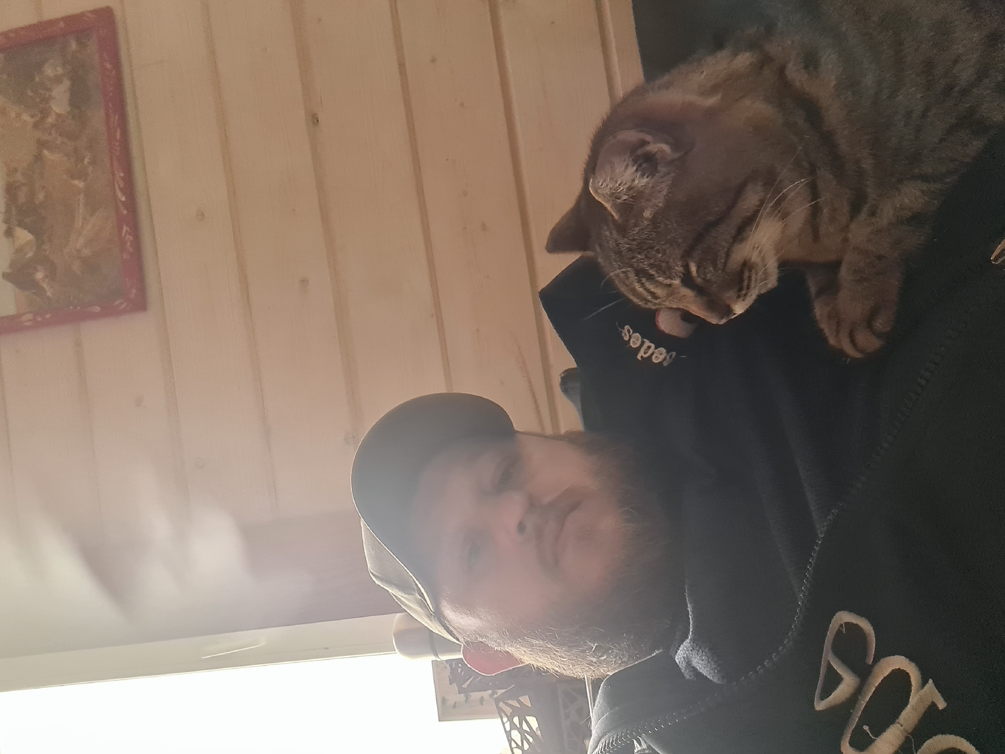 A man wearing a baseball cap and a dark hooded jacket is holding a tabby cat. The cat is lying on the man's shoulder with its eyes closed. The man has a beard and is looking at the camera. A framed picture is on the wall behind him. The location is indoors.