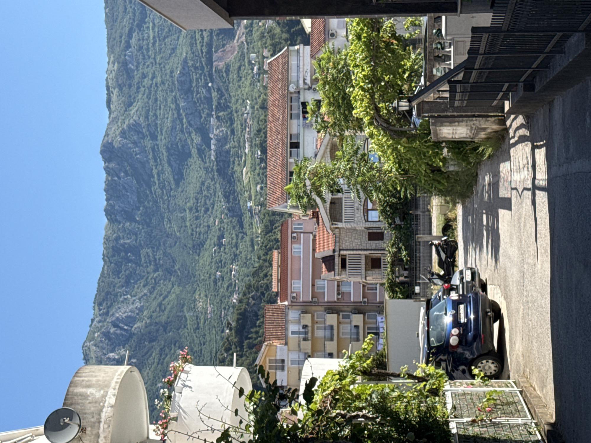 In Budva, Montenegro, a narrow paved alleyway is bordered by a black metal fence on the right and a white metal fence on the left. Two vehicles, a dark blue Volkswagen Golf and a silver car, are parked on the right side of the alley. Beyond the parked cars, a black scooter is visible. Lush green trees and foliage overhang the alley from both sides, casting dappled shadows on the ground. In the background, a cluster of apartment buildings with various colored facades and terracotta roofs are nestled against a backdrop of a steep, densely forested mountain range under a clear blue sky. A white balcony with pink and white flowers in planters is prominent in the foreground on the left, with a satellite dish attached to its exterior.