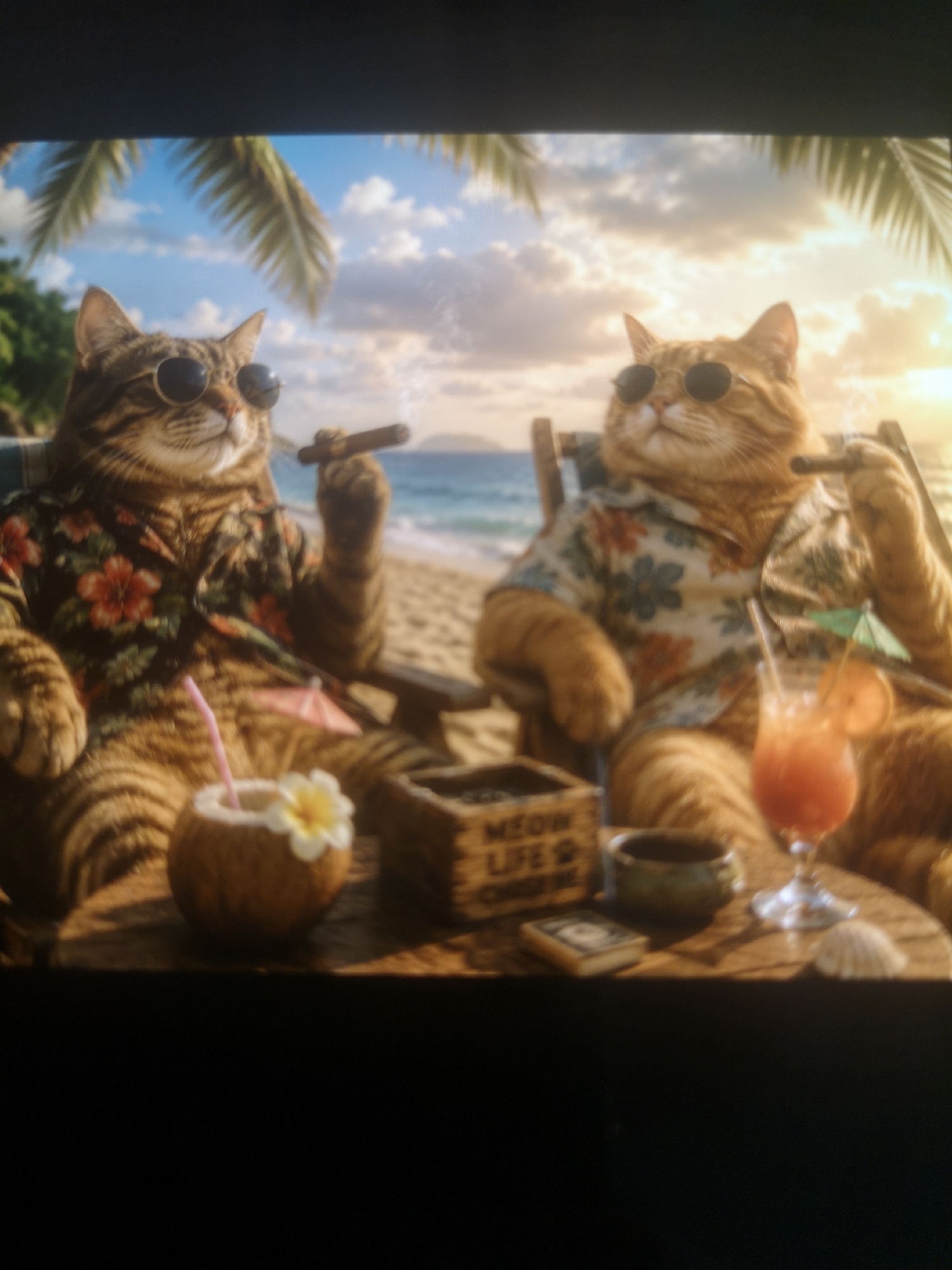 Two anthropomorphic cats are relaxing on a beach. Both are wearing sunglasses and Hawaiian shirts and smoking cigars. One cat is brown with tiger stripes, the other is ginger. They are sitting in beach chairs, with a wooden table in front of them. On the table are two cocktails, a small box labeled "MEOW LIFE & CHOOSE ONE," and a sea shell. Palm trees are visible in the background along with a sandy beach and blue ocean. The city is not know, nor is the location know, just the image.