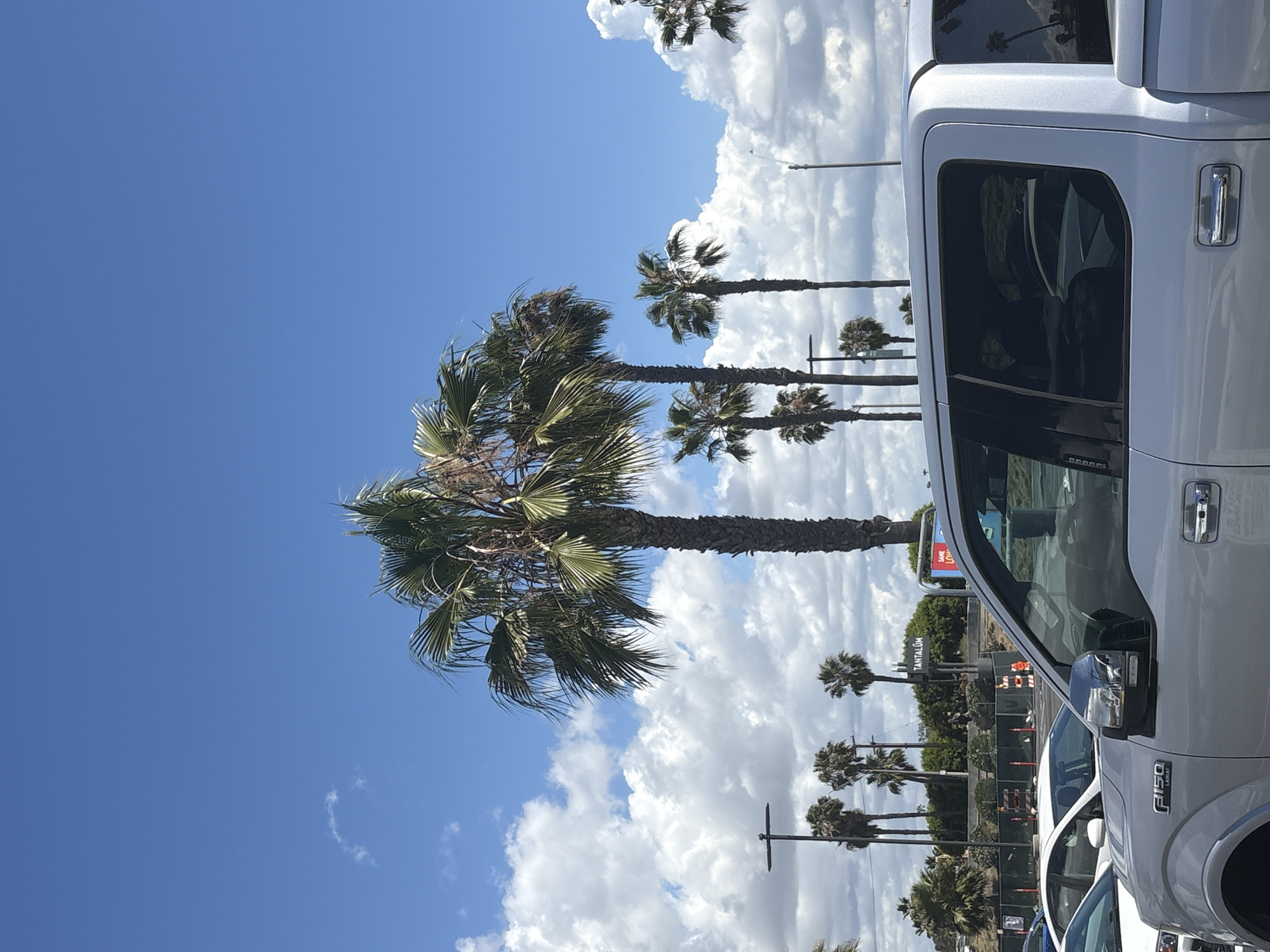 The image shows a sunny day in Long Beach, California, United States of America. Several palm trees are visible against a backdrop of fluffy white clouds and a blue sky. The view is partially obstructed by the side of a white Ford F-150 pickup truck. A construction area with orange cones is present in the background, with a sign saying "Tantalum" being visible. The location appears to be a parking lot or roadside area.