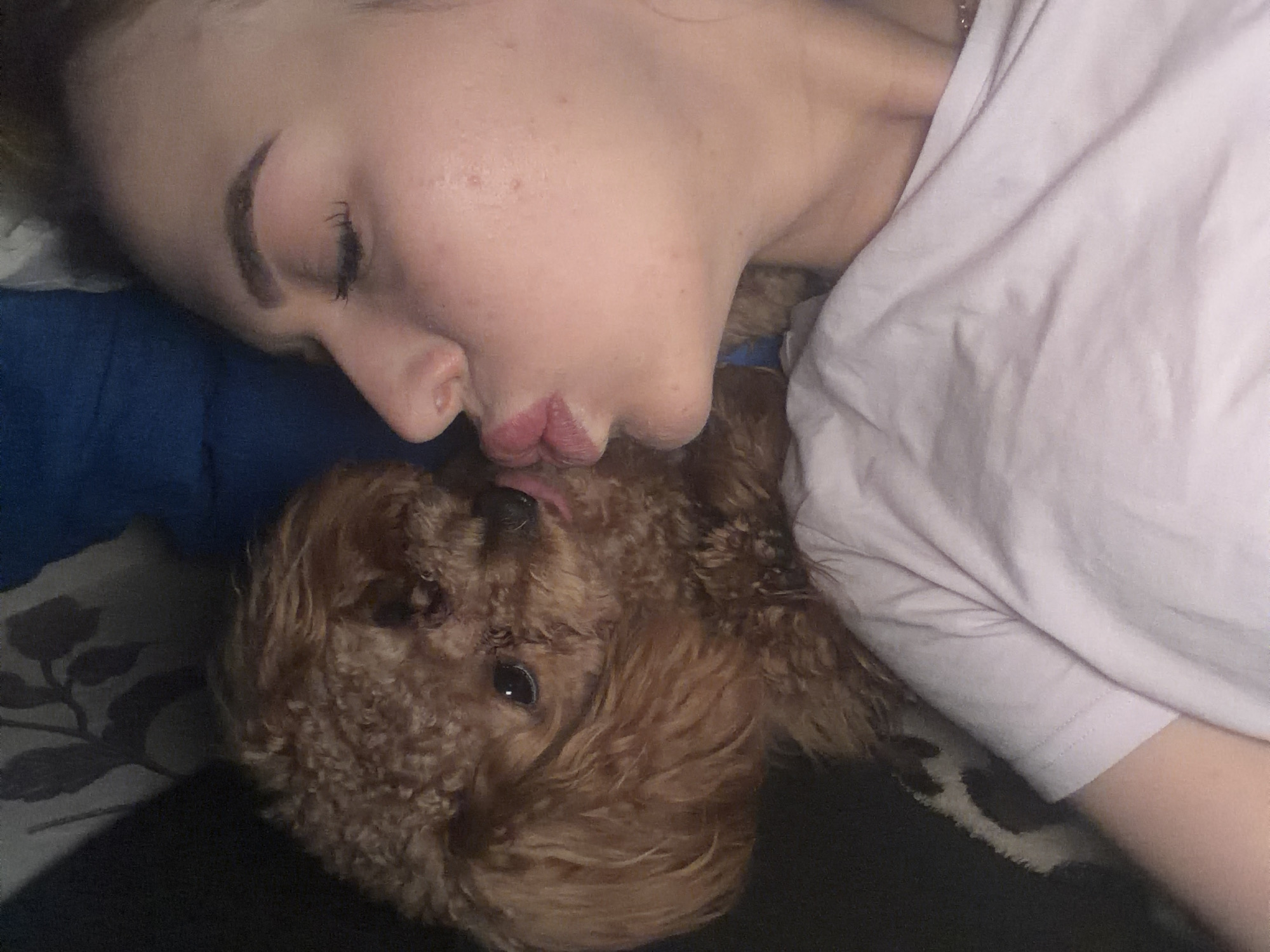 A close-up, high-angle, indoor shot shows a woman and a toy poodle in Kyiv, Ukraine. The woman's face is partially obscured as she leans in to kiss the dog, who is positioned on her left side. The poodle, with its reddish-brown curly fur, is looking towards the woman, with its tongue visible and lightly touching the woman's lips. The woman, wearing a light pink t-shirt, has her eyes closed and her lips pursed. The background includes a dark surface, possibly a couch or bed, with a textured pattern and a blue element on the upper right. The lighting is dim, creating a soft glow on their faces. The image appears to have been taken from a low resolution, possibly with a mobile phone camera.