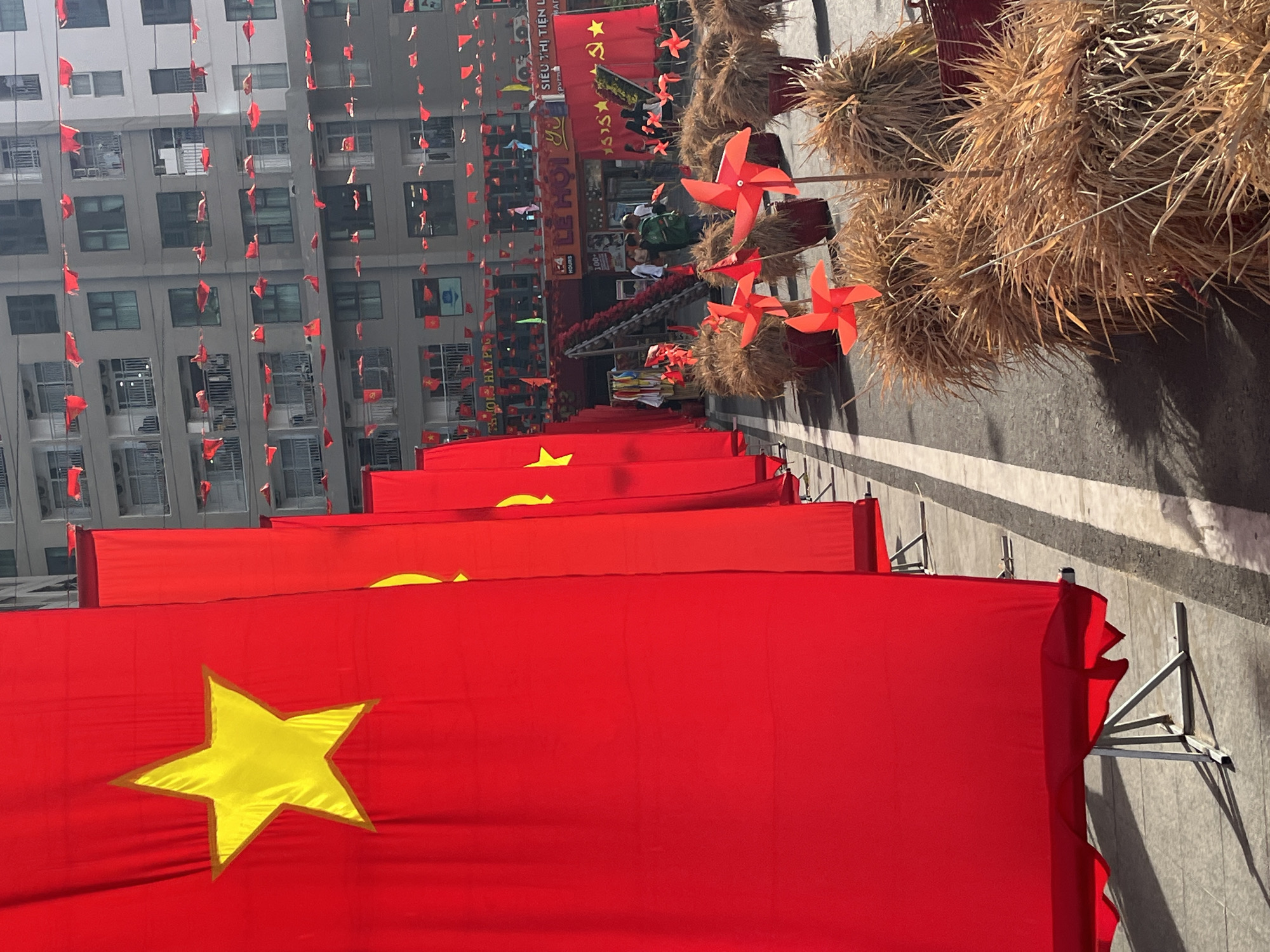 A long row of Vietnamese flags, red with a yellow star, line the side of a street in Bắc Nha Trang, Vietnam. Hay stacks are placed in elevated boxes behind the flags, each adorned with orange pinwheels. Buildings with red flags strung along the side are in the background. A sign that says "Lễ Hội" can be seen in the distance. People stand around the sign.